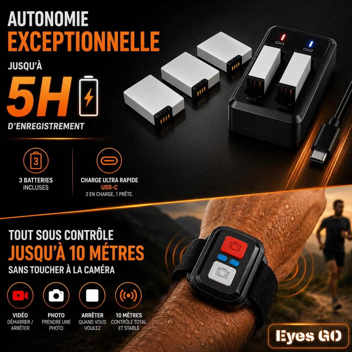 4K26 - Caméra Sport 4K30fps - 20 Accessoires - Photo 16MP - 2 Ecrans Tactile Vlog - Télécommande - Stabilisateur E.I.S 2.0 - Étanche 30M - 5 Heures d'autonomie