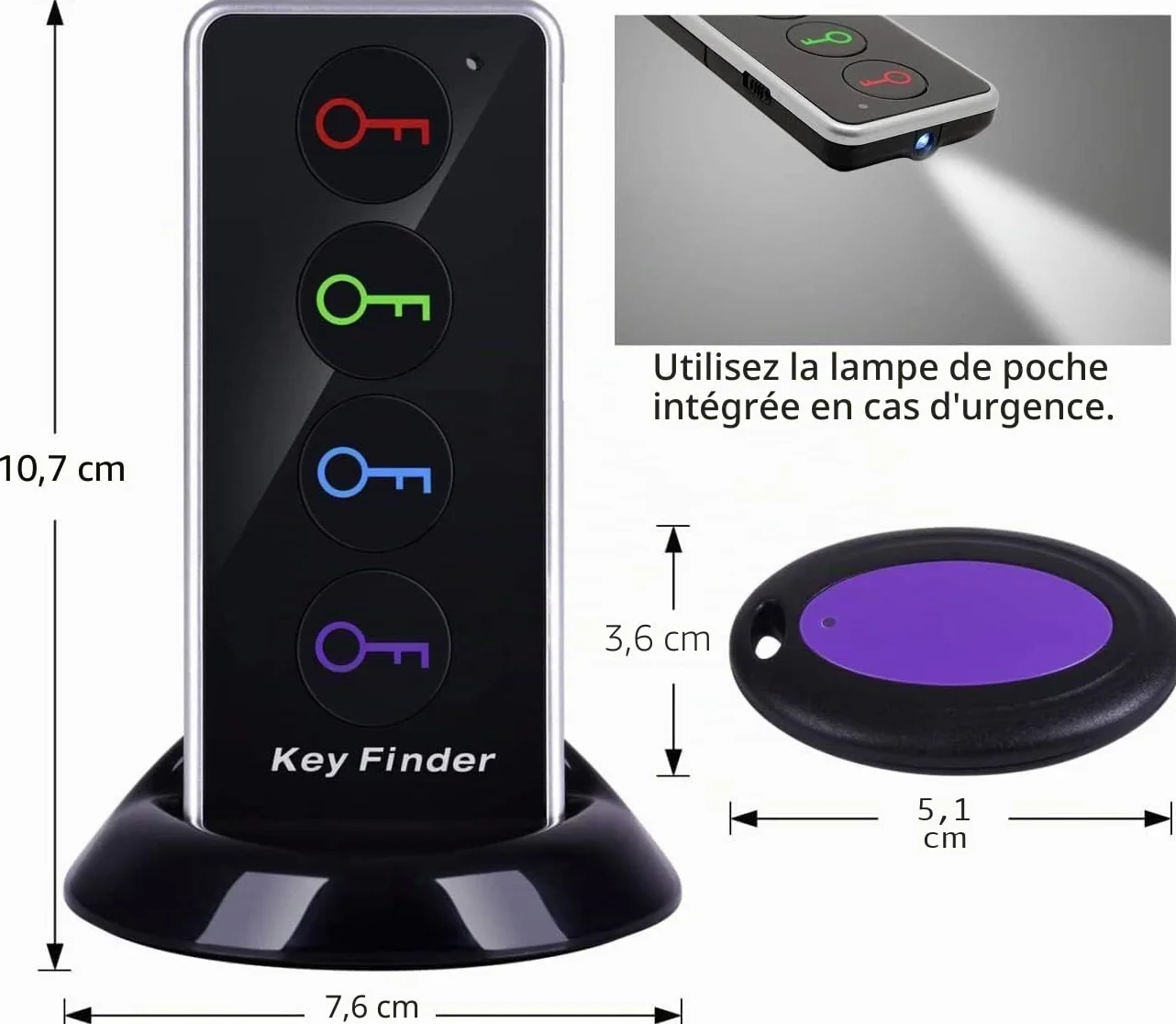 Reyke Localisateur de clés, 80 DB sans Fil RF avec portée de Travail de 39,6 m, télécommande avec Lampe de Poche LED, Support de Base pour clés, Portefeuille, téléphone et Animal Domestique