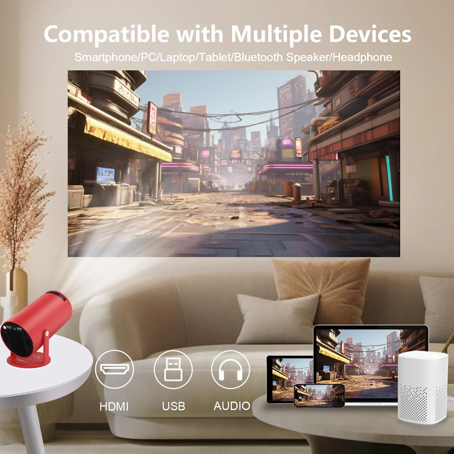 LQWELL Mini projecteur Wi-Fi 5G BT5.0 Android 4K HDMI 130 Pouces Home Cinéma