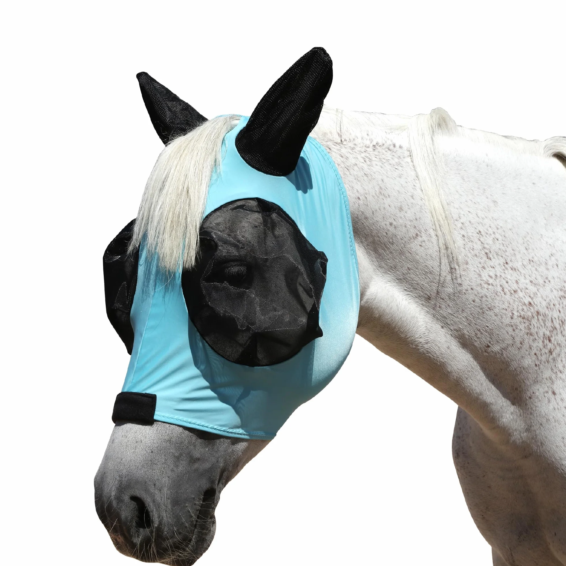 Masque Anti-Mouches pour Chevaux avec Oreilles, Protection UV, Respirant, Grands Yeux - Bleu Lac (Medium)