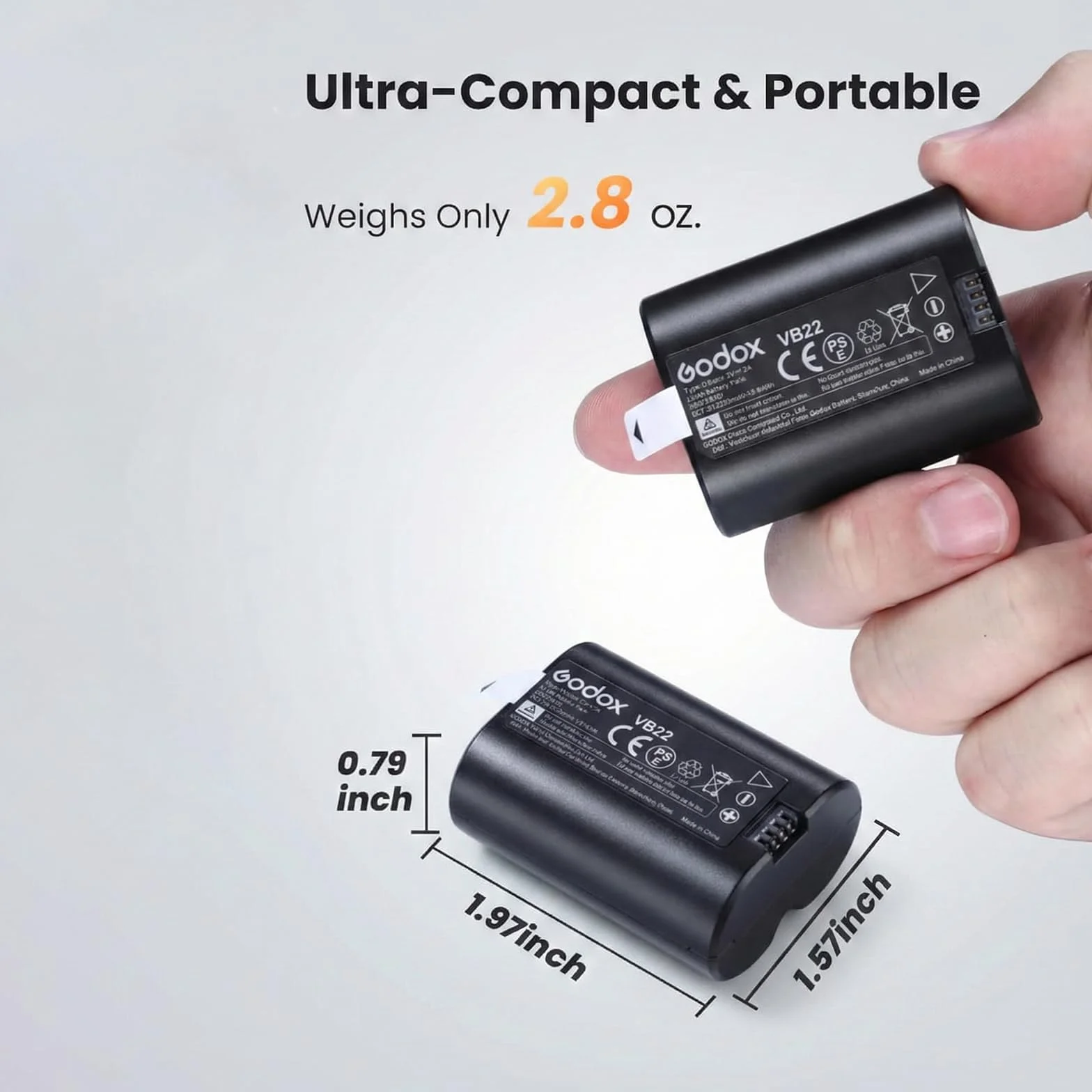 Godox Batterie de rechange VB22 pour V480, 7,2 V 2200 mAh Li-ion pour GODOX V480C / V480S / V480N / V480O / V480F et V350C / V350S / V350N / V350O / V350F Flash d'appareil photo Charge rapide USB-C
