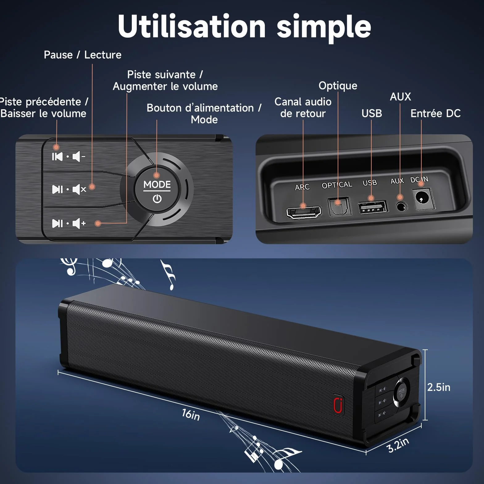 JYX Barre de Son TV 100W Bluetooth 5.4 HDMI Arc Optique AUX USB avec Tweeter Woofer 4 Pouces