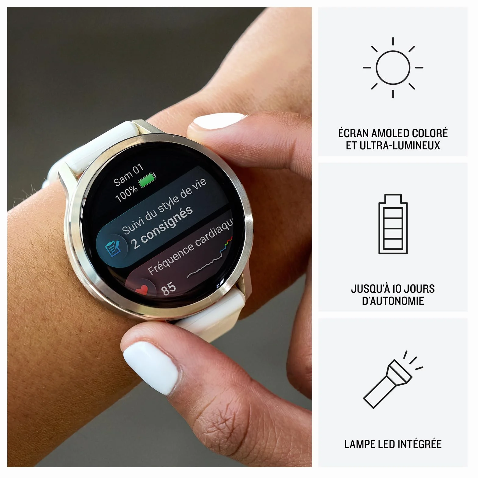 Garmin Venu 4 Montre GPS connectée forme et santé écran Ultra-Lumineux Lampe LED intégrée Beige Lunar Gold Bracelet Ivoire 41mm