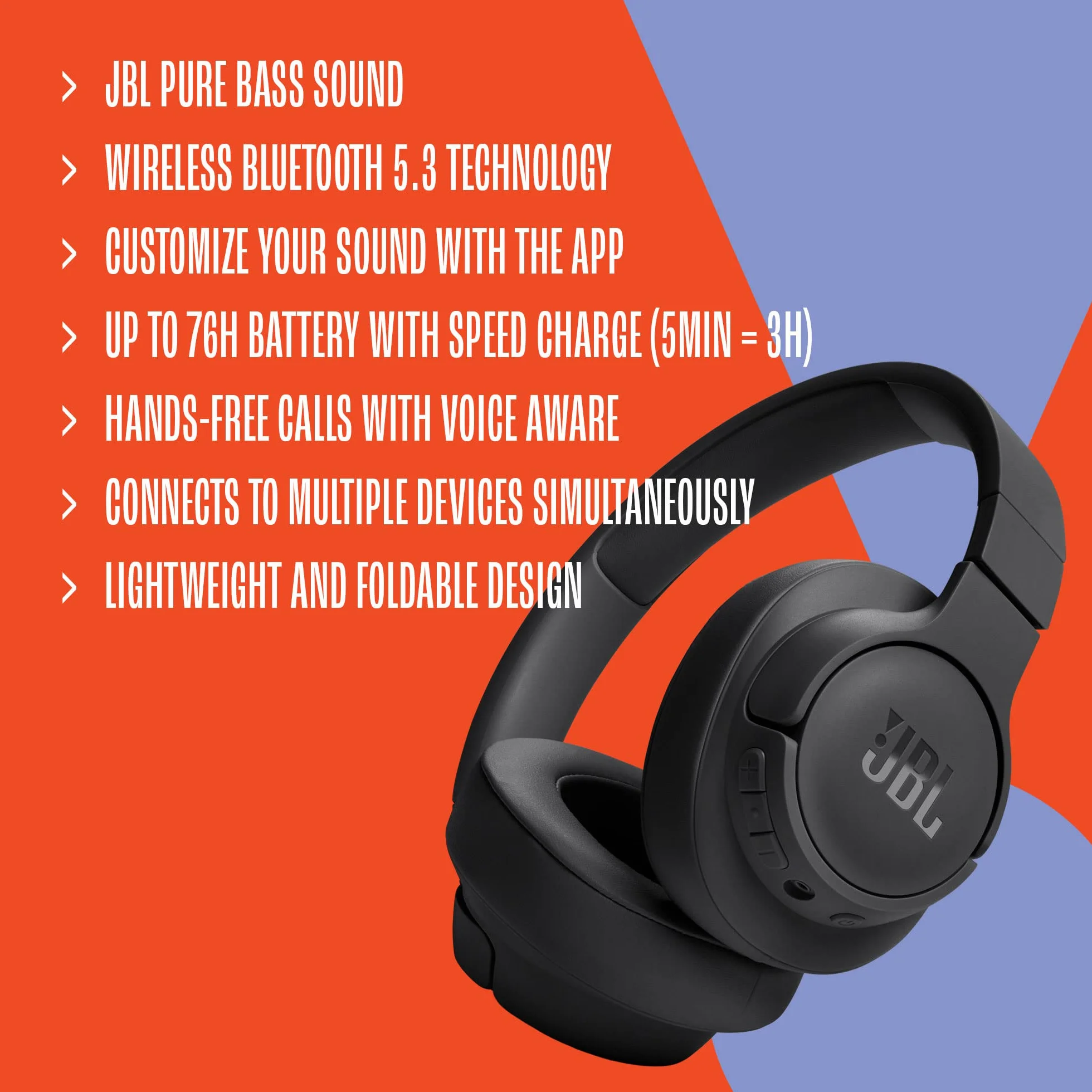 JBL Tune 720BT, casque audio sans fil, léger et confortable, Bluetooth 5.3, autonomie jusqu'à 76 h, charge rapide, son JBL Pure Bass, noir
