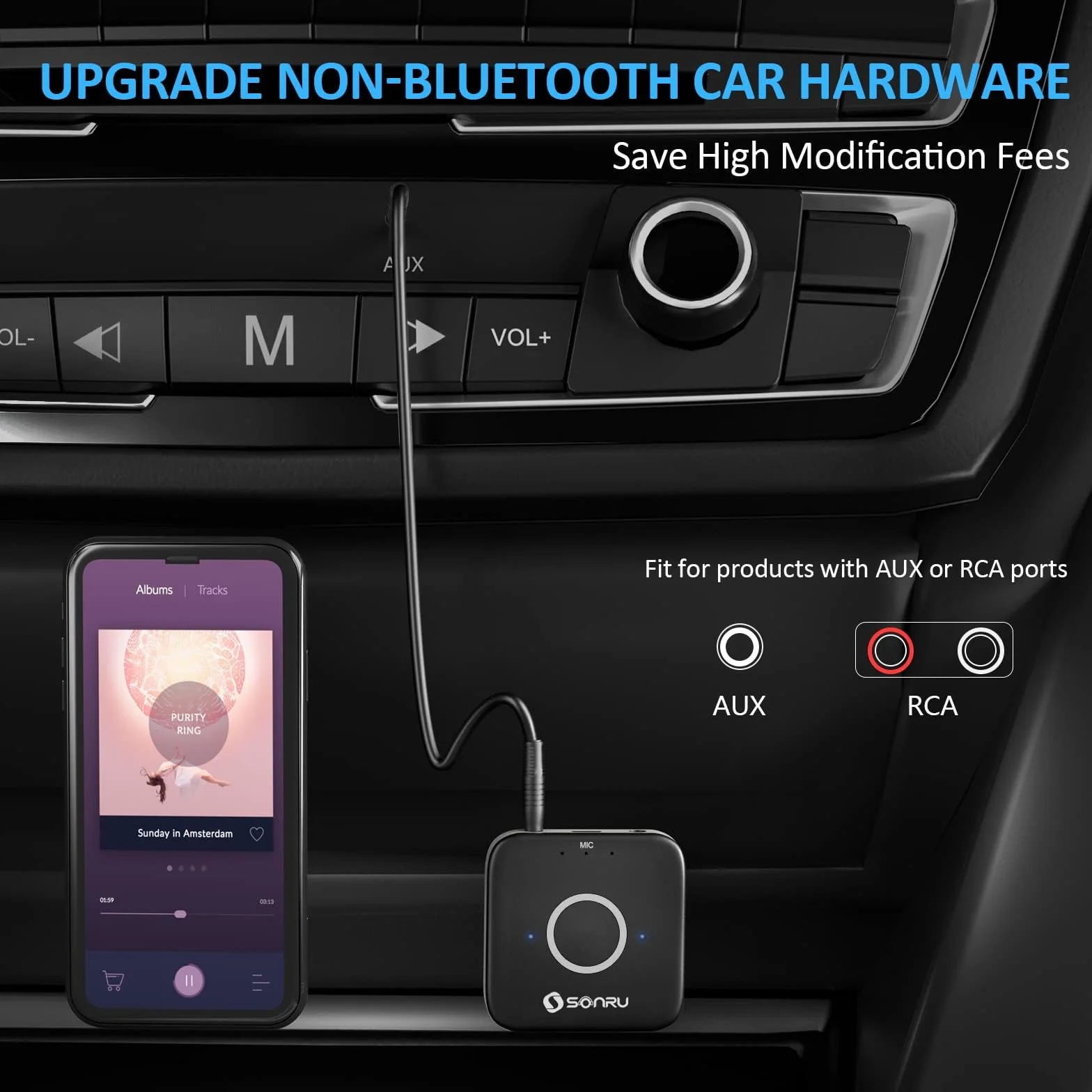 SONRU Récepteur Bluetooth 5.3, Adaptateur Bluetooth Récepteur Audio sans Fil de Voiture avec Câble RCA AUX 3,5 mm, Doubles Sorties AUX pour Système Audio de Diffusion Musique Stéréo à Domicile