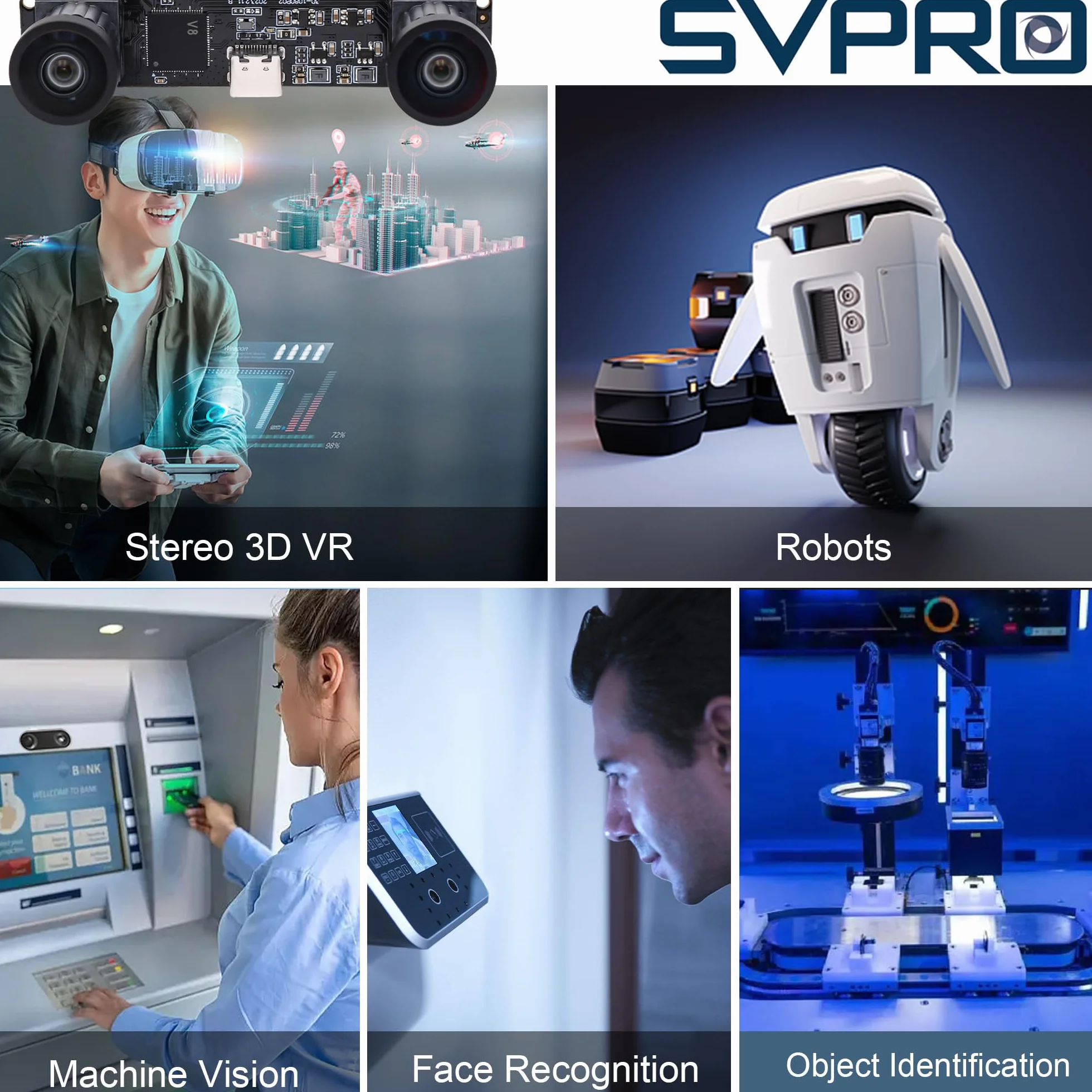Svpro Module caméra USB Dual Lens 1080P 60fps UVC industriel carte de synchronisation d'enregistrement couleur avec double objectif M12, caméra grand angle sans distorsion pour 3D, VR,