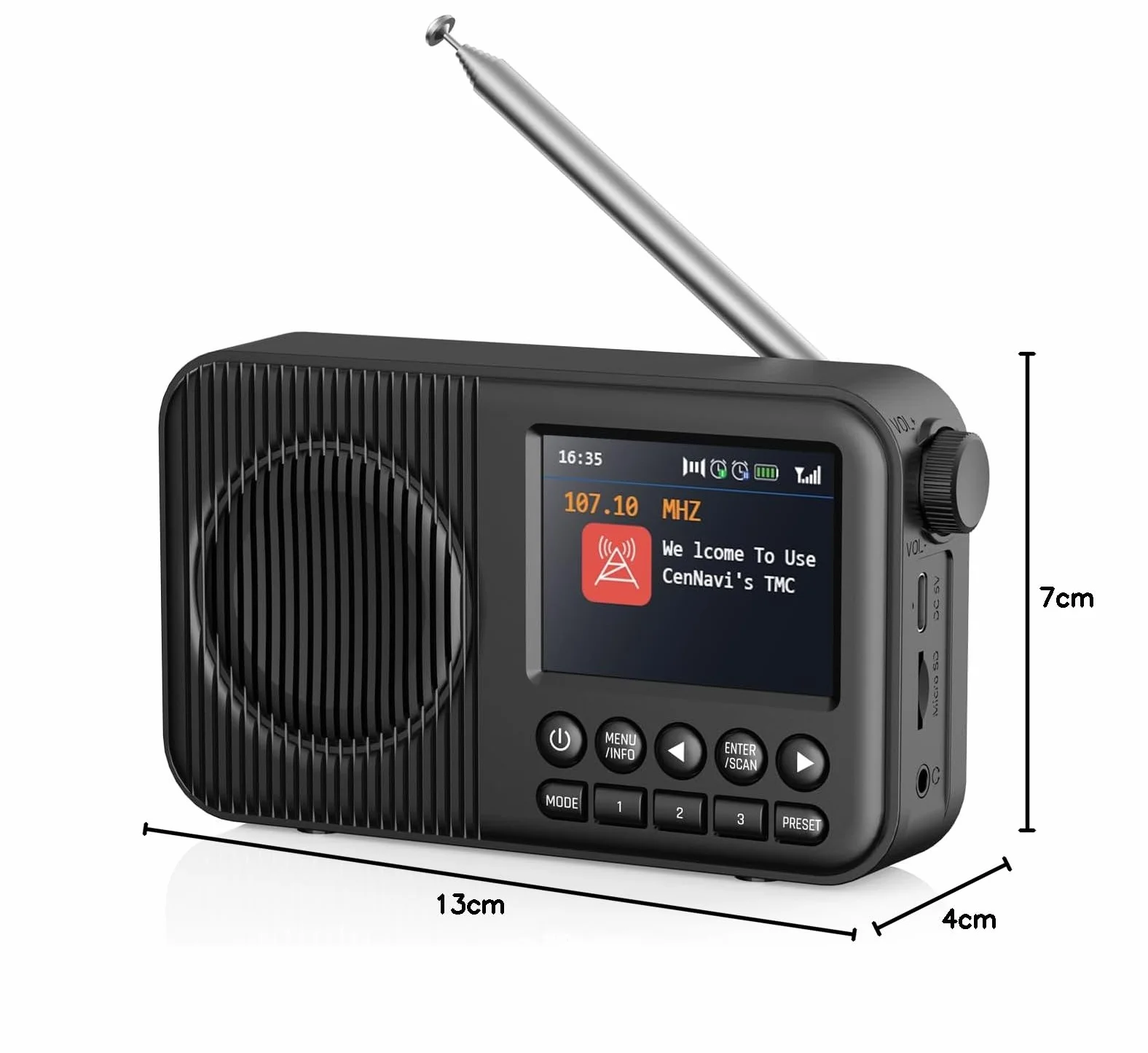 Radio DAB+ Portable Rechargeable avec Bluetooth, Écran LCD 2.4", FM, 60 Stations, Réveil Double, Noir