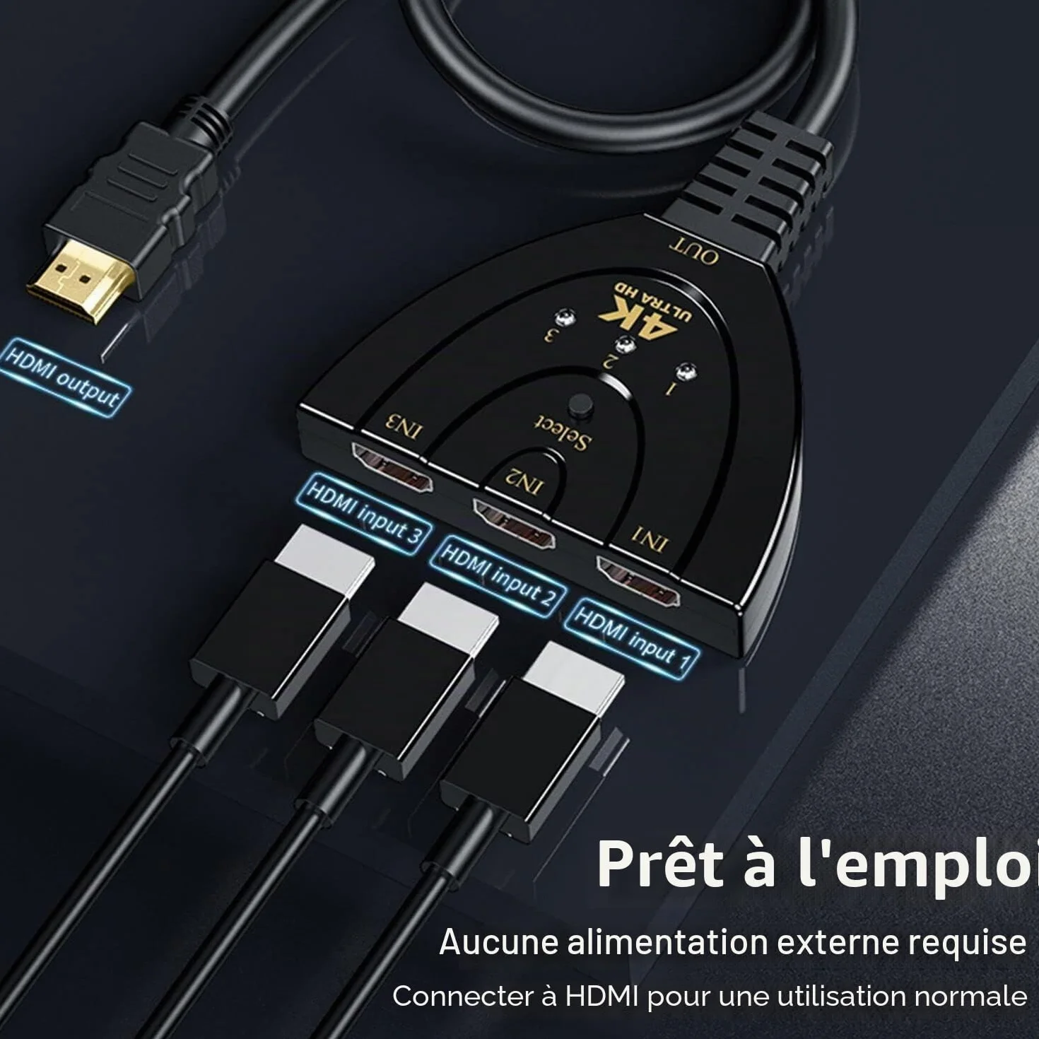 HDMI Switch 3 en 1 sortie, 4K à 30Hz HDMI Splitter, 3 ports HDMI Hub prend en charge Full HD 4K 1080P 3D Player Compatible avec Roku Fire TV Stick HDTV PS4/PS5 Xbox One Chromecast, compatible avec Mac
