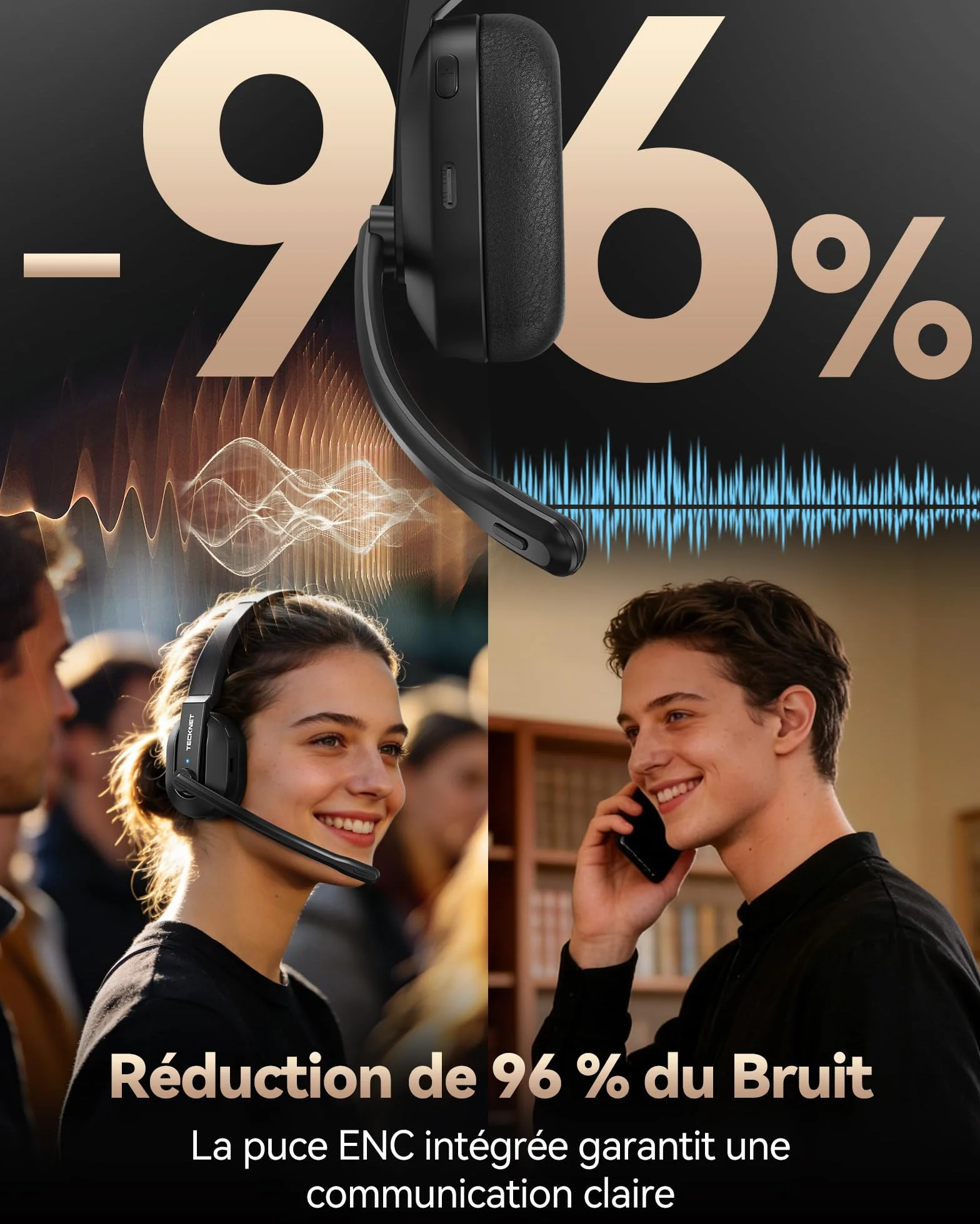 TECKNET Casque Bluetooth V5.2 avec microphone, casque sans fil avec station de charge, MIC ENC Casque PC, dongle USB, casque supra-auriculaire sans fil pour camionneur/centre d'appel/bureau – Batterie