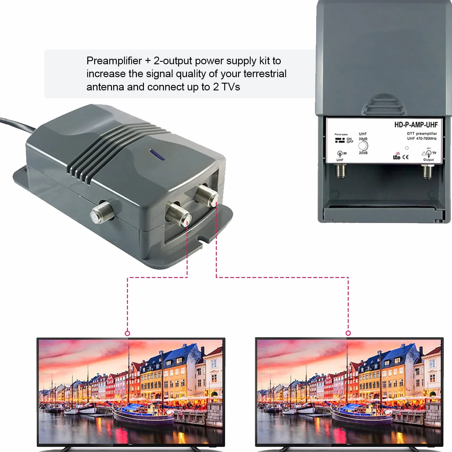 Amplificateur TV TNT HDTV 2 Sorties Gain réglable 15-38 dB LEYF
