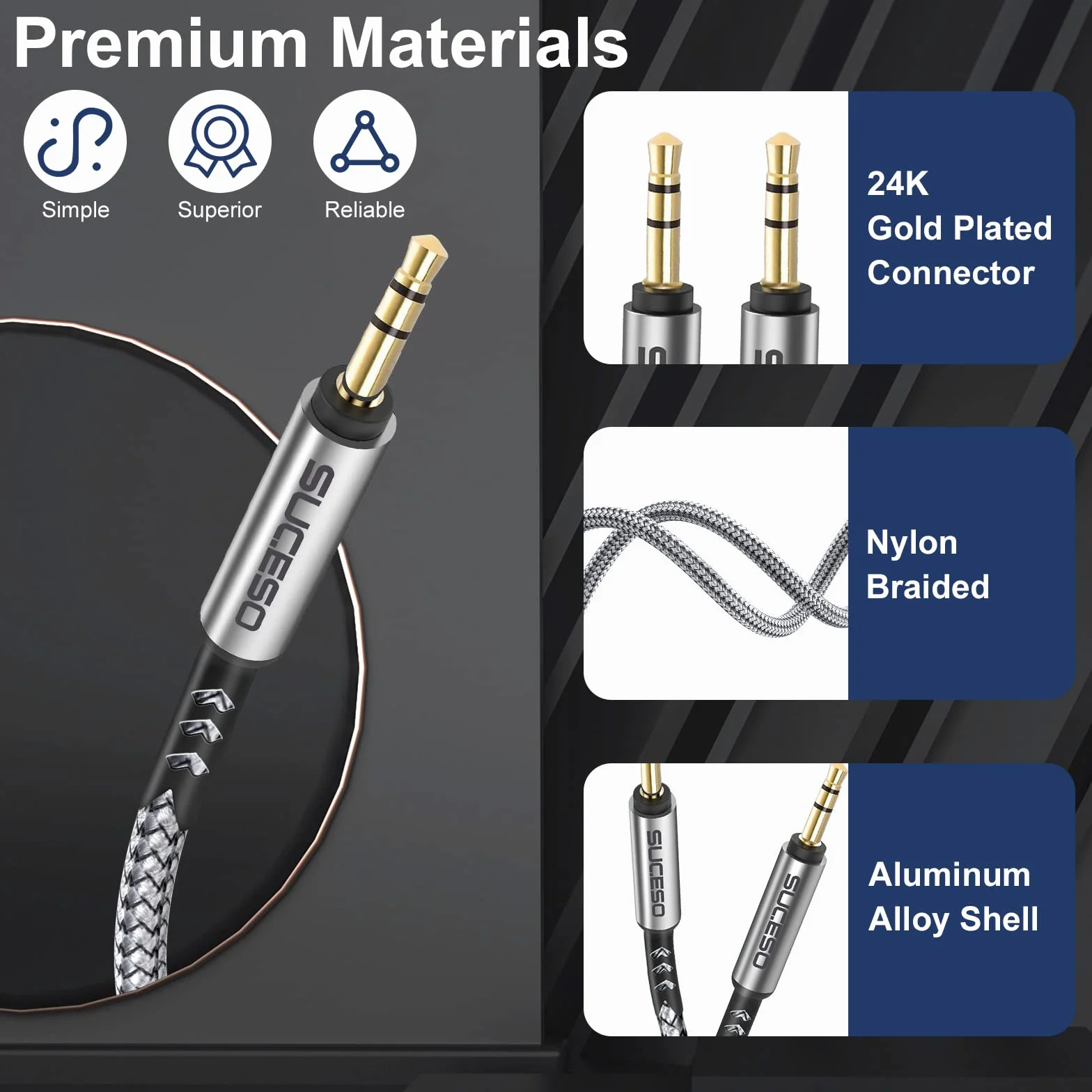 Câble Jack Audio 3.5mm [2 Pack 1m+2m] Câble Auxiliaire 3,5mm mâle vers mâle Cable Audio Stéréo en Nylon Compatible avec iPhone, iPod, iPad, Voiture, Casque, Autoradio, MP3, Smartphones et Plus