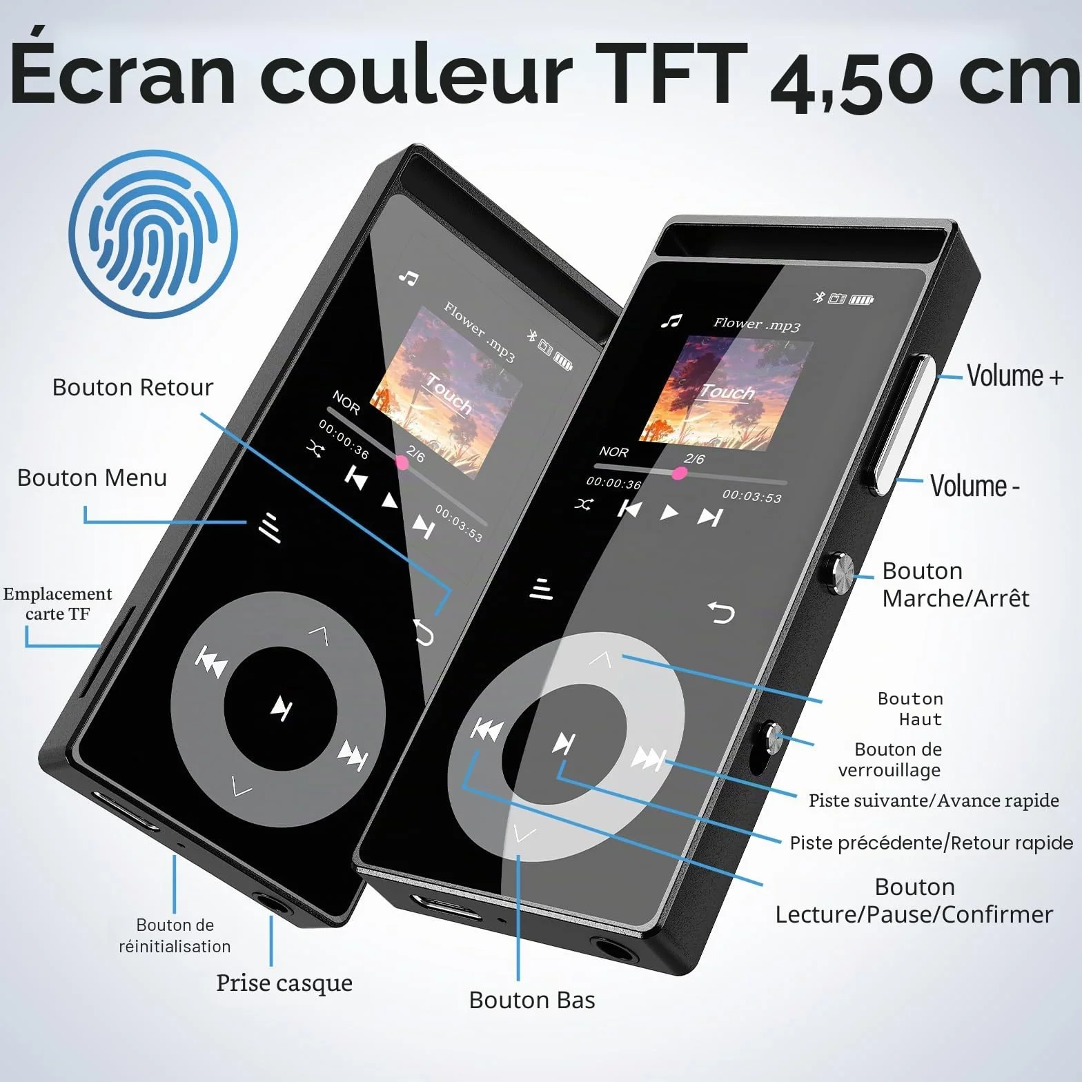 Lecteur Mp3 Bluetooth 5.3 Son HiFi, Boutons Tactiques, Structure Métall, Écran Couleur, Extension 128Go, Écouteurs Inclus Noir