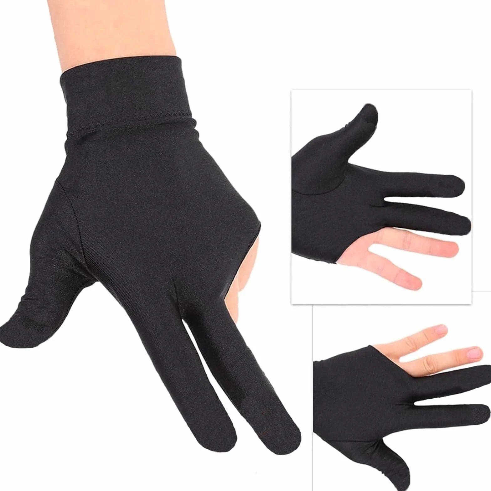 Gants de Billard élastiques en Lycra pour Main Gauche 3 Doigts Lot de 4 - Carom, Piscine, Snooker (Noir)