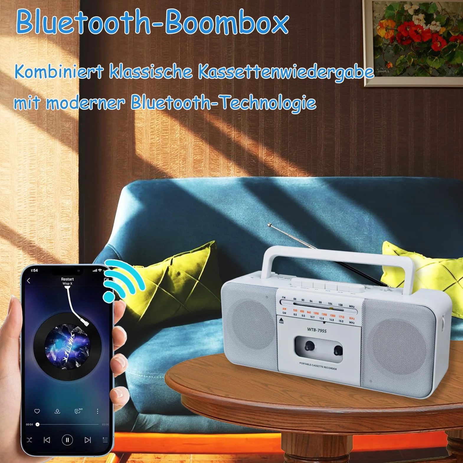 Lecteur cassette Boomboxe Bluetooth, enregistreur AM/FM/W, convertisseur cassette MP3, haut-parleur 10"