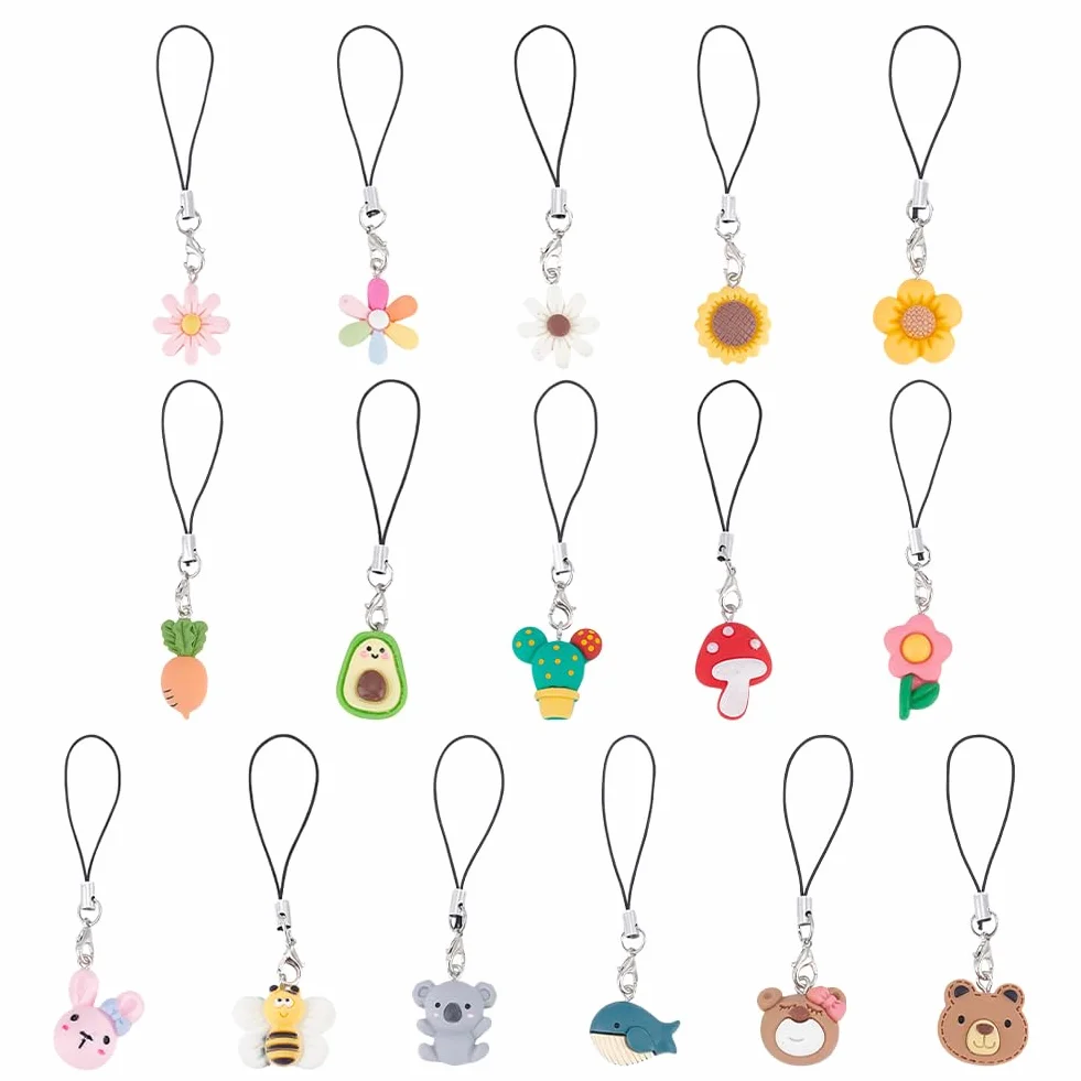 Mignon Résine Téléphone Breloques Sangle 8.5-9cm Ours Lapin Koala Champignon Abeille Fleur Pendentifs Porte Clés Décoration