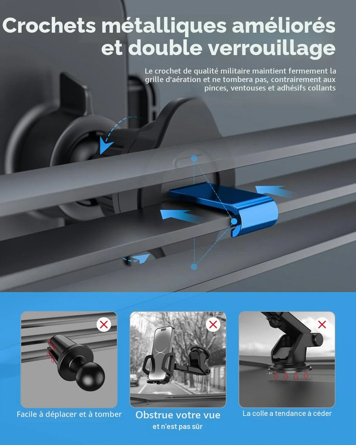 Support Téléphone Voiture [Clip de Qualité Militaire] pour Smartphone 4-7", Accroche Téléphone Rotatif à 360° – Compatible iPhone 16/15/14/13 Pro Max, Samsung/Xiaomi/Huawei