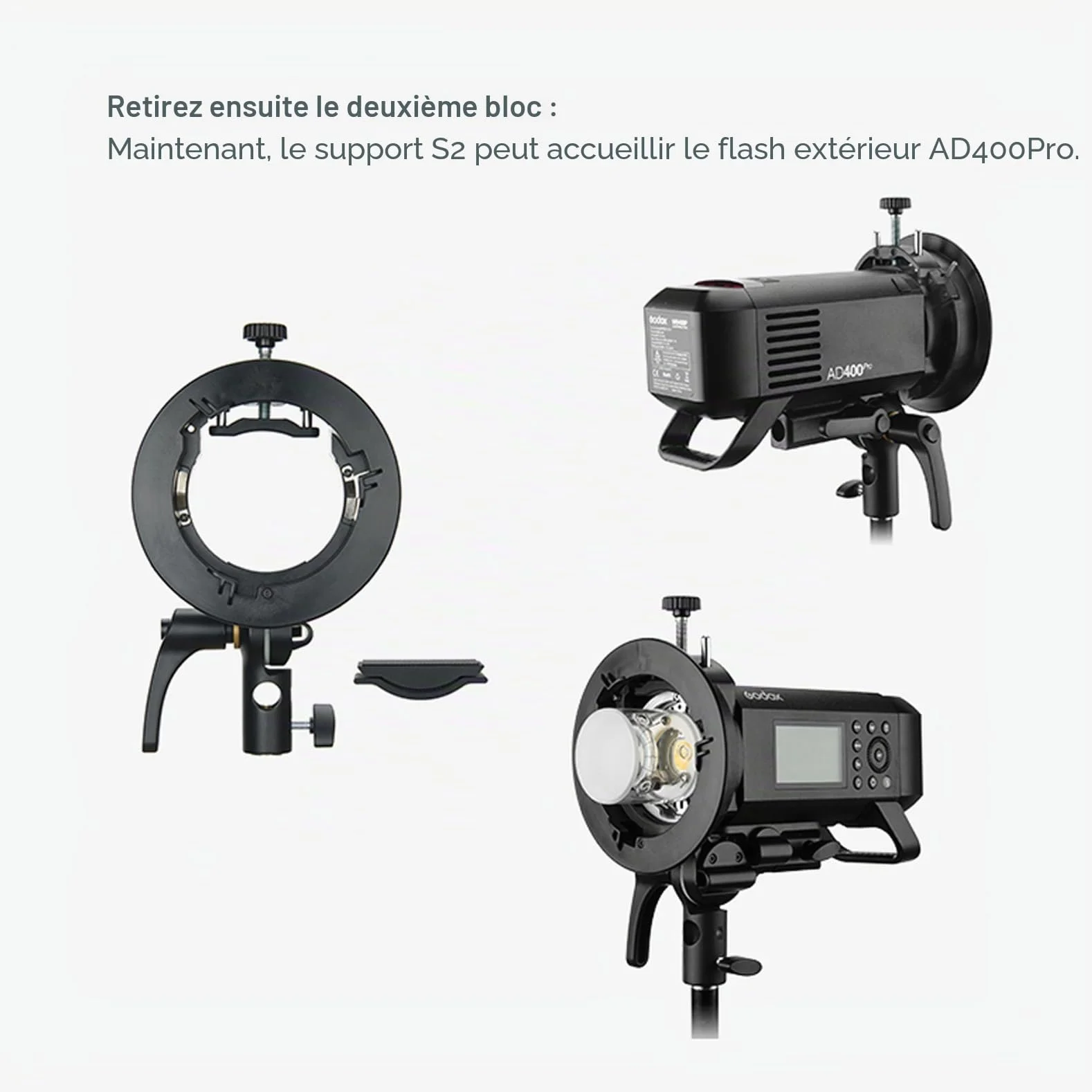 Godox S2 Bowens Support de Flash pour Godox AD200ProII AD400Pro AD300Pro AD300ProII, V1 V1Pro V100 Série, V860II, V860III, TT685II, TT350, TT600, Grande Poignée, Contrôle Précis de l'inclinaison