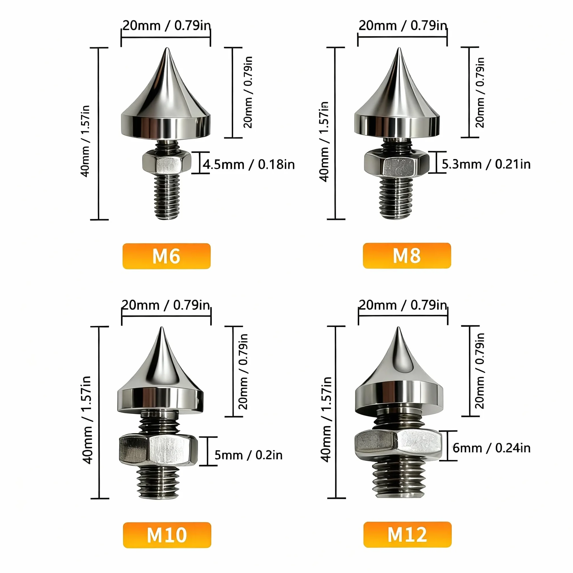 Tissting Lot de 4 pics d'isolement pour haut-parleur M6/M8/M10/M12 en acier inoxydable HiFi pour amplificateur, lecteur CD, DVD (M8)