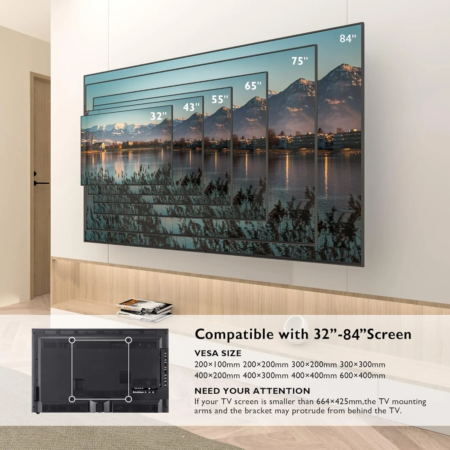 BONTEC Support Mural TV pour Télévision Plat et Incurvé LCD LED 32-84 Pouces jusqu'à 60KG, Support TV Mural orientable et Inclinable, Bras Doubles Solides et Robustes, Max VESA 600x400mm