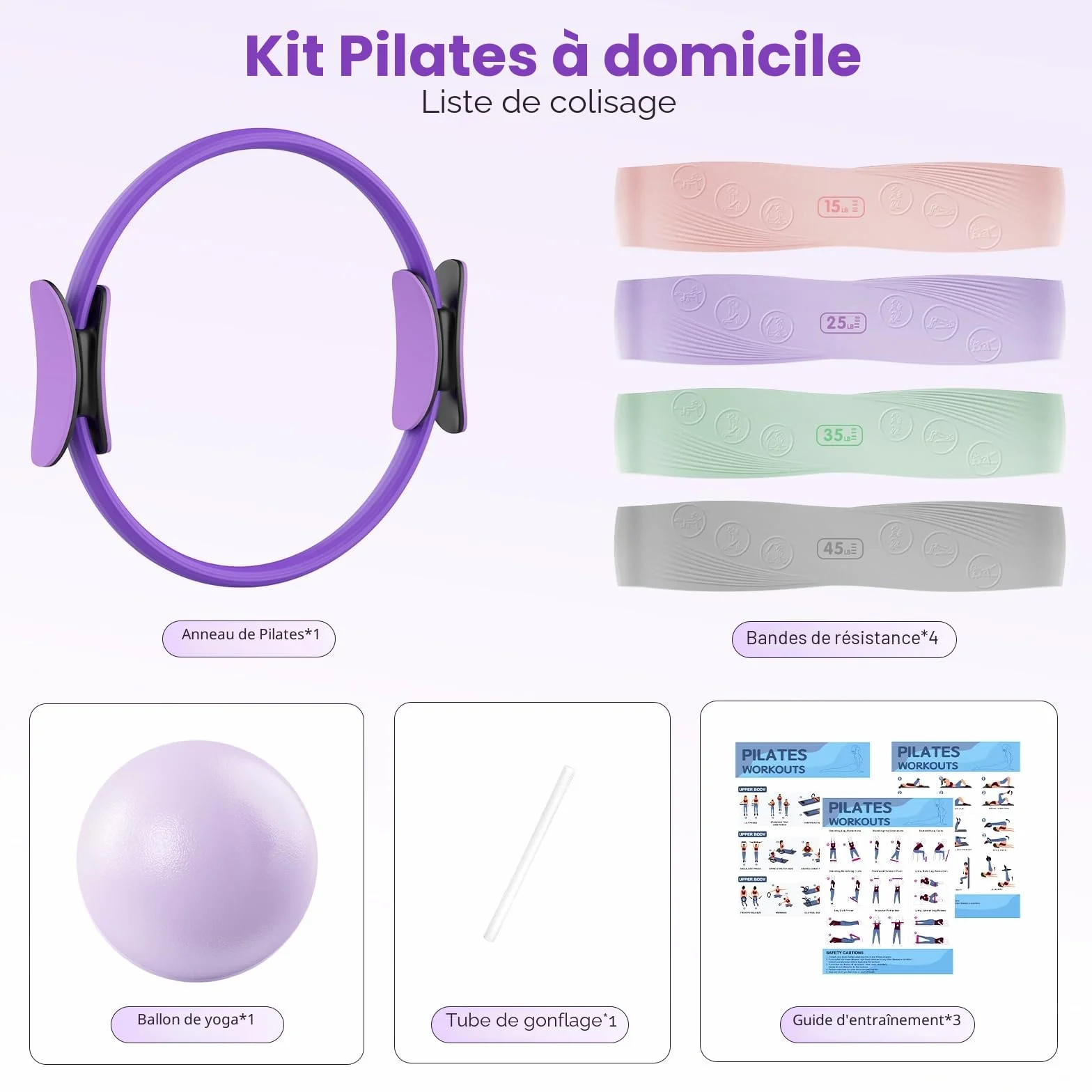 Set Anneau Pilates avec Cercle Pilates, 4 Bandes Résistance 15-45 LB, Mini Ballon Anti-éclatement, Kit Pilates Maison