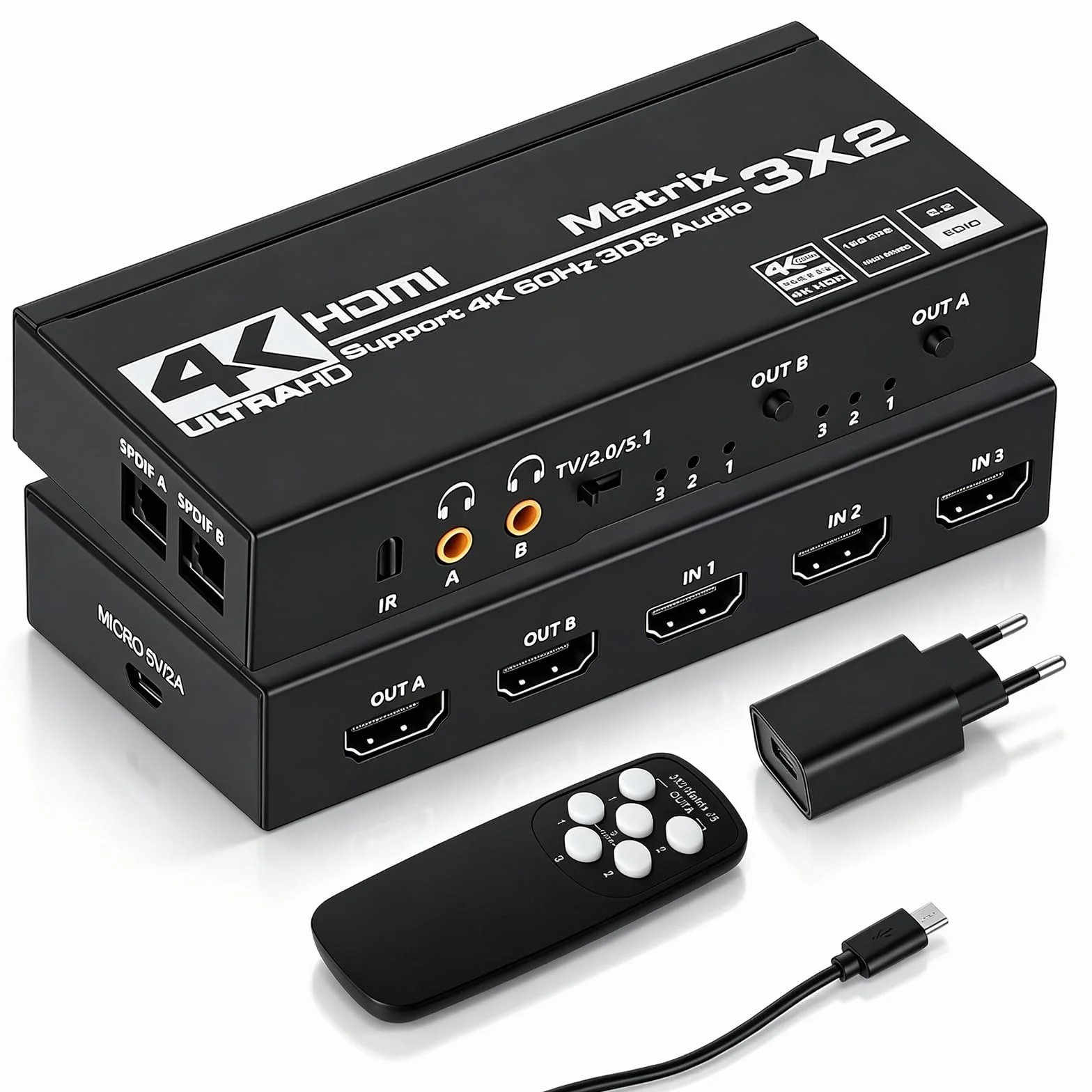 Switch Hdmi 4K 60Hz 3x2, HDMI Switch Splitter 3 in 2 Out, HDCP 2.3 HDR10 18Gbps, mit IR Télécommande & 3.5mm Audio Extractor, Support 4K@60Hz, HDCP 2.2, pour Switch, PS5, Xbox, PC