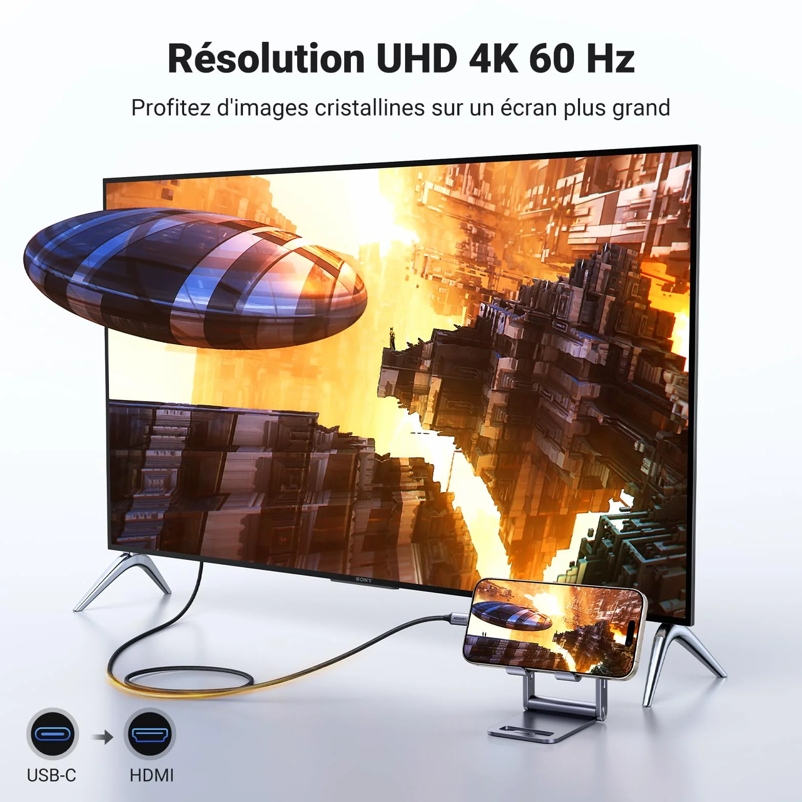 UGREEN Câble USB C vers HDMI 4K 60Hz 18Gbps Compatible avec Macbook M3 M2 M1 iPad Air iPhone 17 Pro Max Air iPhone 16 Plus Pro Max 15 Galaxy S25 S24 S23 Adaptateur Thunderbolt 4 3 Type C HDMI2.0 (2M)