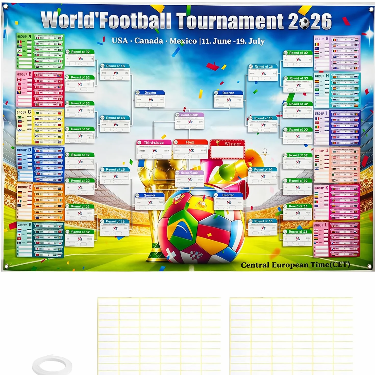 Affiche du Calendrier de la Coupe du Monde de Football 2026, 150 x 100cm, 48 Pays