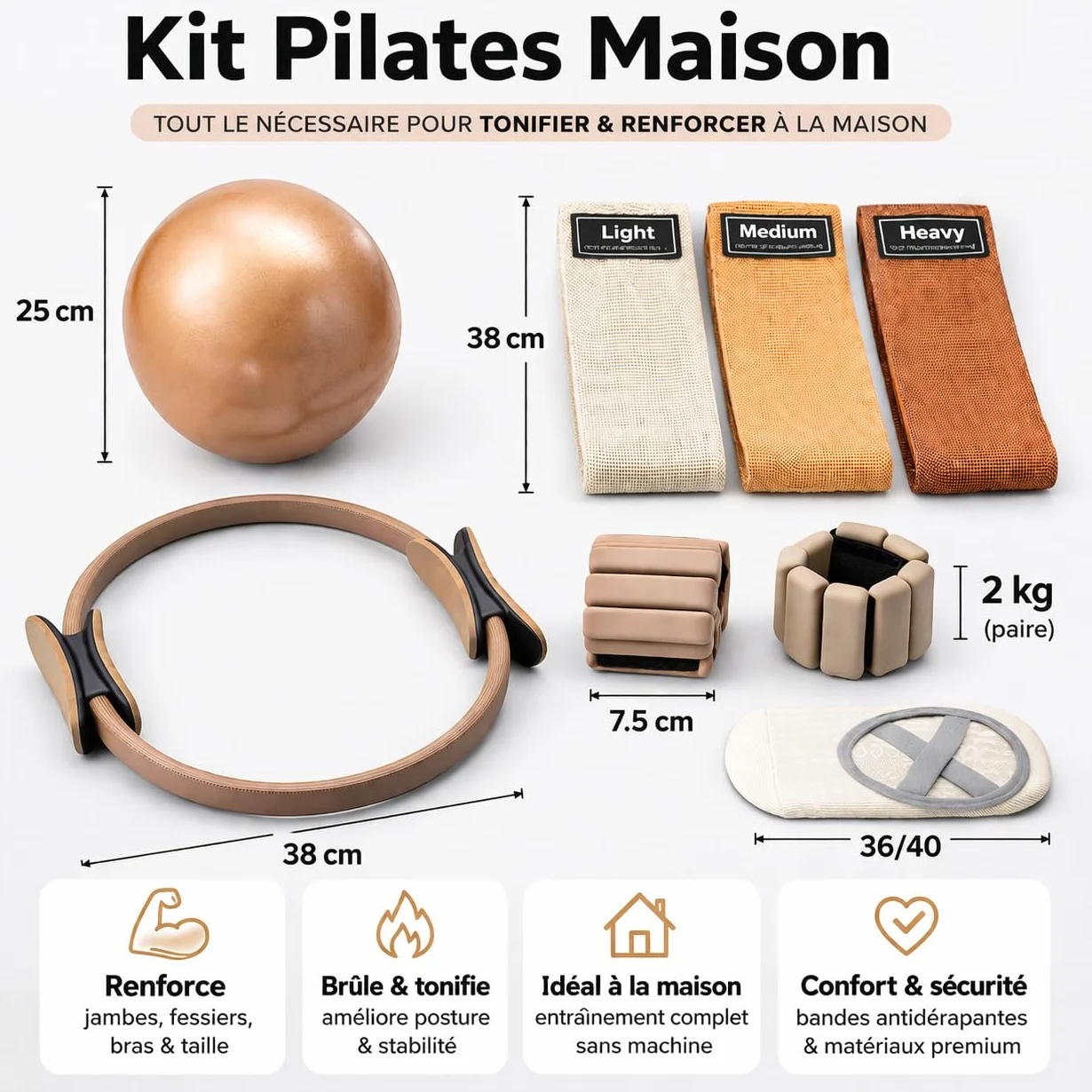 Kit Pilates Complet – Ballon, Anneau, Élastiques, Poids de Cheville, Ballerines Antidérapantes