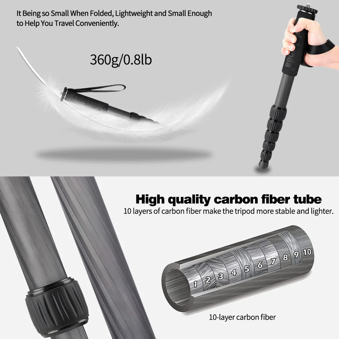 Koolehaoda Monopode en Fibre de Carbone, Monopode Compact et Portable à 6 Sections pour Appareil Photo. Charge maximale : 10 kg - MP286C