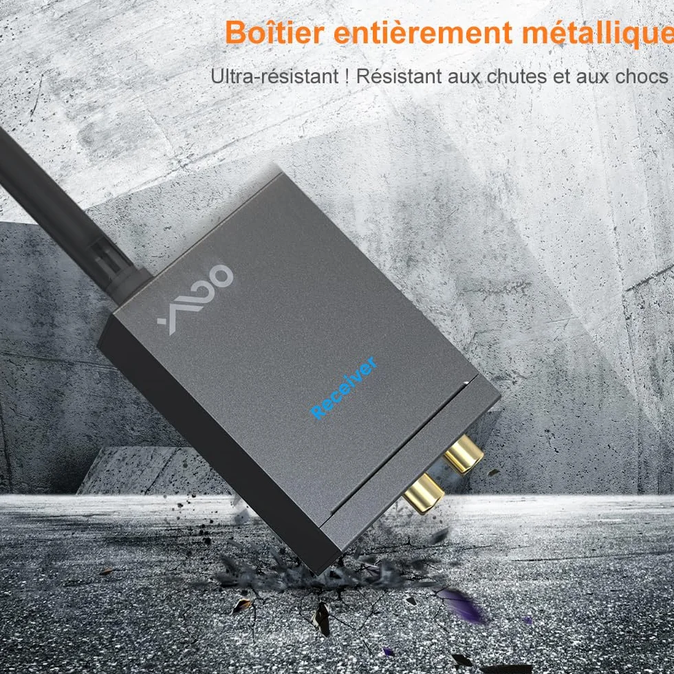 YMOO Wireless émetteur-récepteur de Transmission Audio 2,4 GHz, Adaptateur Audio Jack RCA 3,5 mm, Faible Latence 20ms, stéréo HiFi 48 kHz/24 Bits pour TV/PC vers Caisson de Basses/Haut-Parleur/ampli