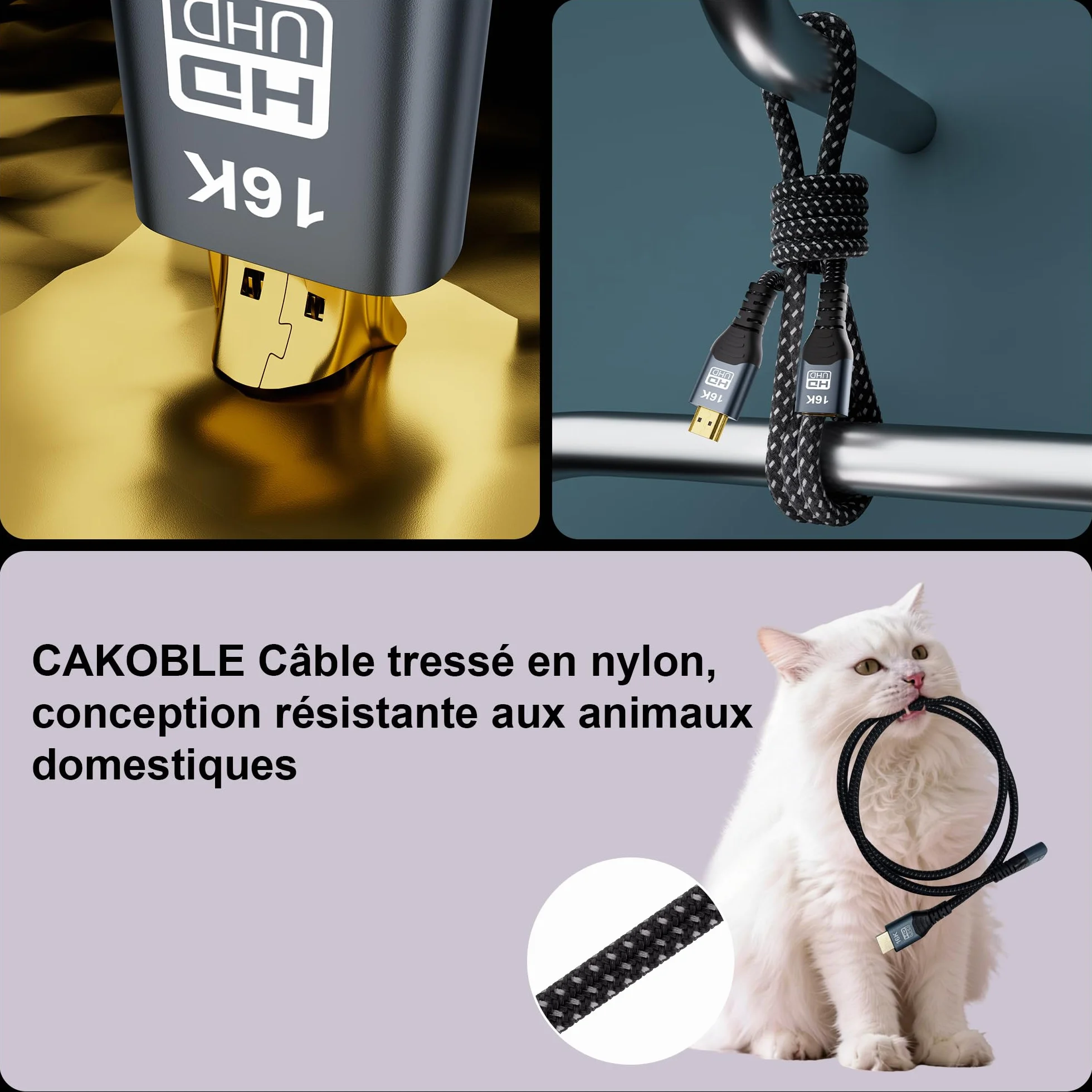 CAKOBLE Câble Prolongateur HDMI 2.2 0.5m, 96Gbps Ultra High Speed,16K@60Hz 8K@240Hz 4K@480Hz,HDMI 2.1,eARC, HDR10+, Dolby Atmos/Vision, HDCP 2.3,Mâle vers Femelle,pour TV PS5 Xbox Moniteur