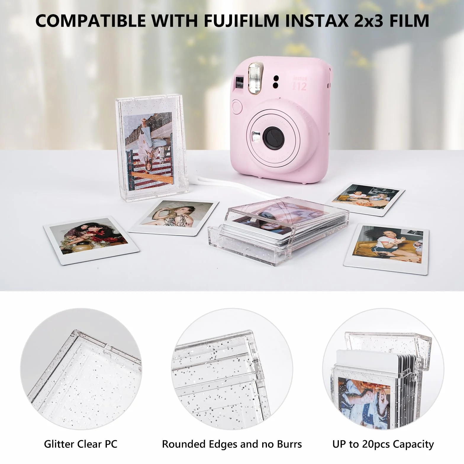 Lot de 2 Boîtes de Rangement pour Photos de 2x3, Étui pour Photos Instax, Mini Support Photo pour Film Instantané Fujifilm Instax Mini 13 12 11 9 8 7 99 70 40 90 Evo - Paillettes