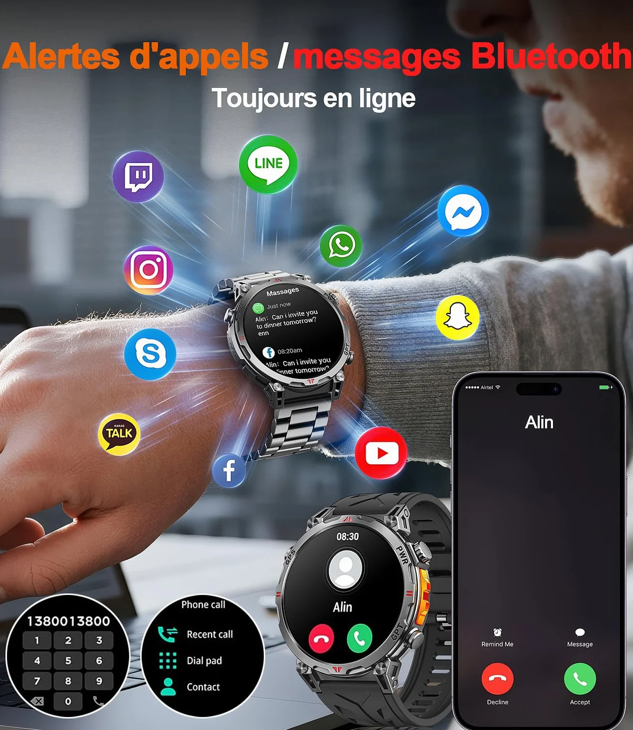 Montre Connectée Homme GPS intégré, AMOLED Appel Bluetooth, Montre Connectée pour Android et iPhone, 100+ Modes Sportifs, 3ATM étanche Montre Sport Homme avec Boussole (1.6)
