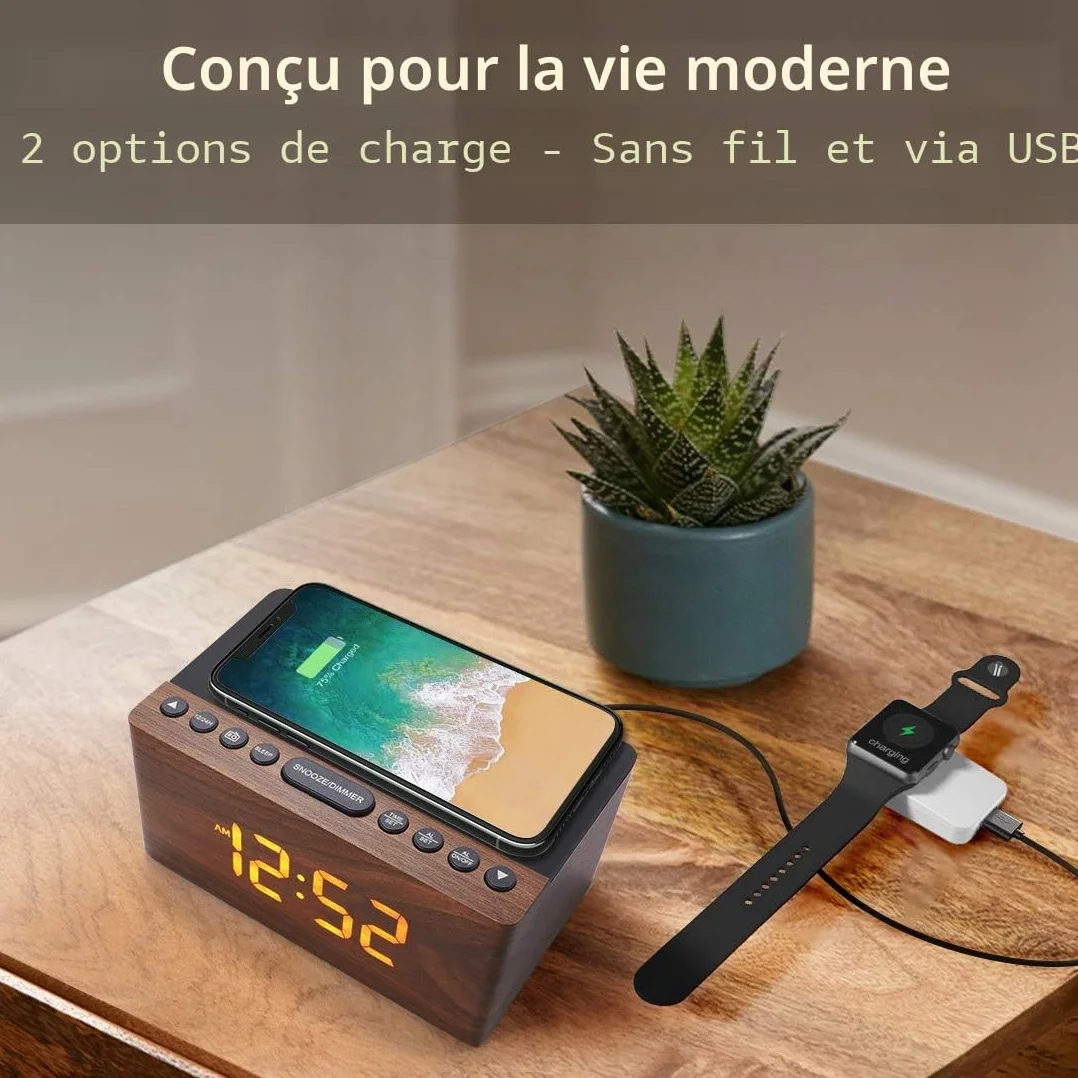 Radio Réveil Numérique en Bois avec Radio FM,Station de Charge sans fil Rapide Pour iPhone/Samsung Galaxy,Alarm Clock et Affichage LED,Variateur à 5 Niveaux,Port USB,Minuterie de Sommeil, Marron