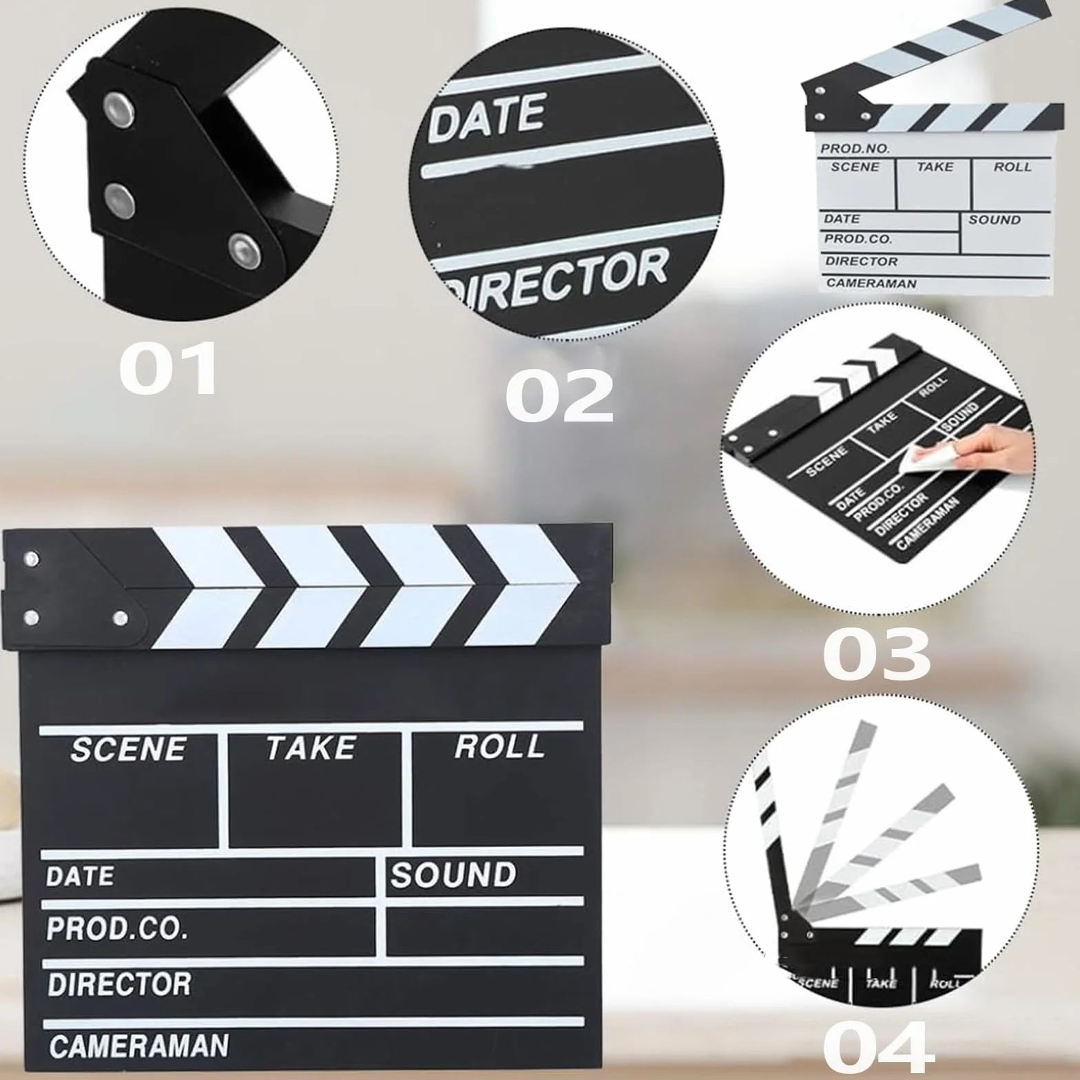 Lot de 2 trappes de Film de scène 7,8" x 7,8" - Clapet de réalisateur en Bois - Accessoires de cinéma - pour Accessoires de Photographie, séries télévisées, Spots publicitaires, décoration