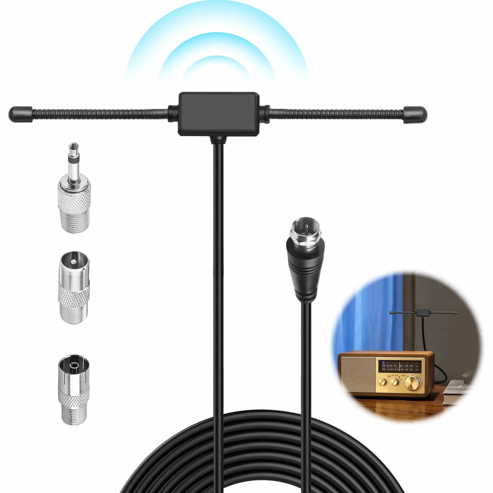 Antenne FM Radio Interieur 75 Ohms avec Câble 3 Métres et 3 Adaptateurs, Compatible avec Les Systèmes Audio Yamaha, Denon, Marantz et Onkyo, Réception Haute Fidélité pour Home Cinéma Tuner HiFi