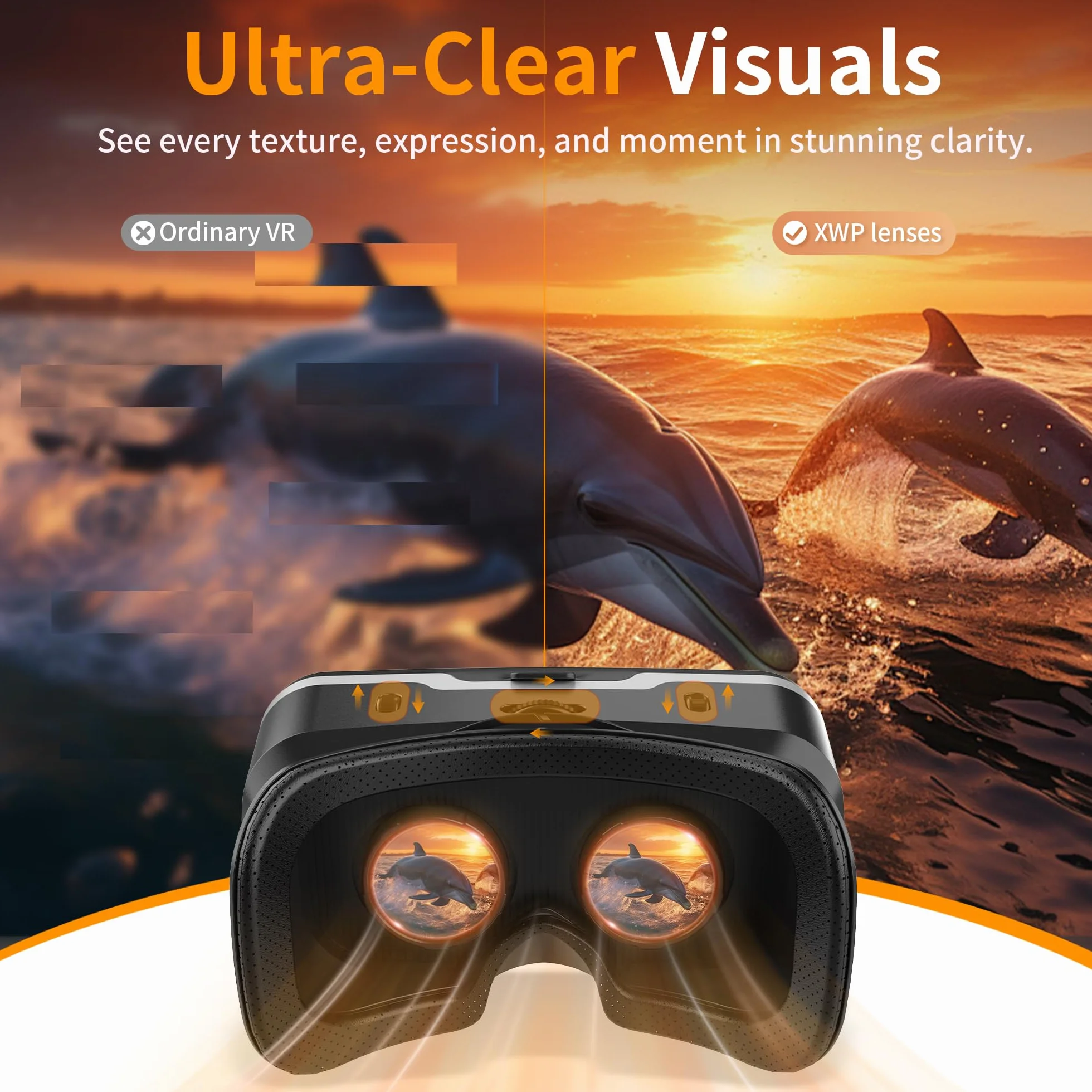 XWP Casque VR avec Écouteurs, Lunettes de Réalité Virtuelle 3D pour Téléphone Portable, Lentilles HD Anti-Bleu, pour iPhone Android 4.7-7.2"