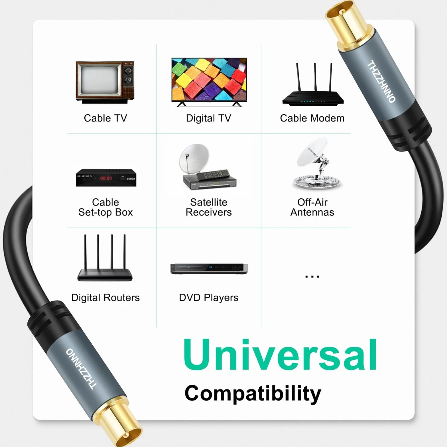 TV Antenne RG6 Coaxiaux Câble 5M, Connecteur Mâle à Mâle Plaqué or, Câble Coaxial pour TVHD, CATV, DVB-T2 /C/S, Modem Câble, Radio, Récepteur Satellite