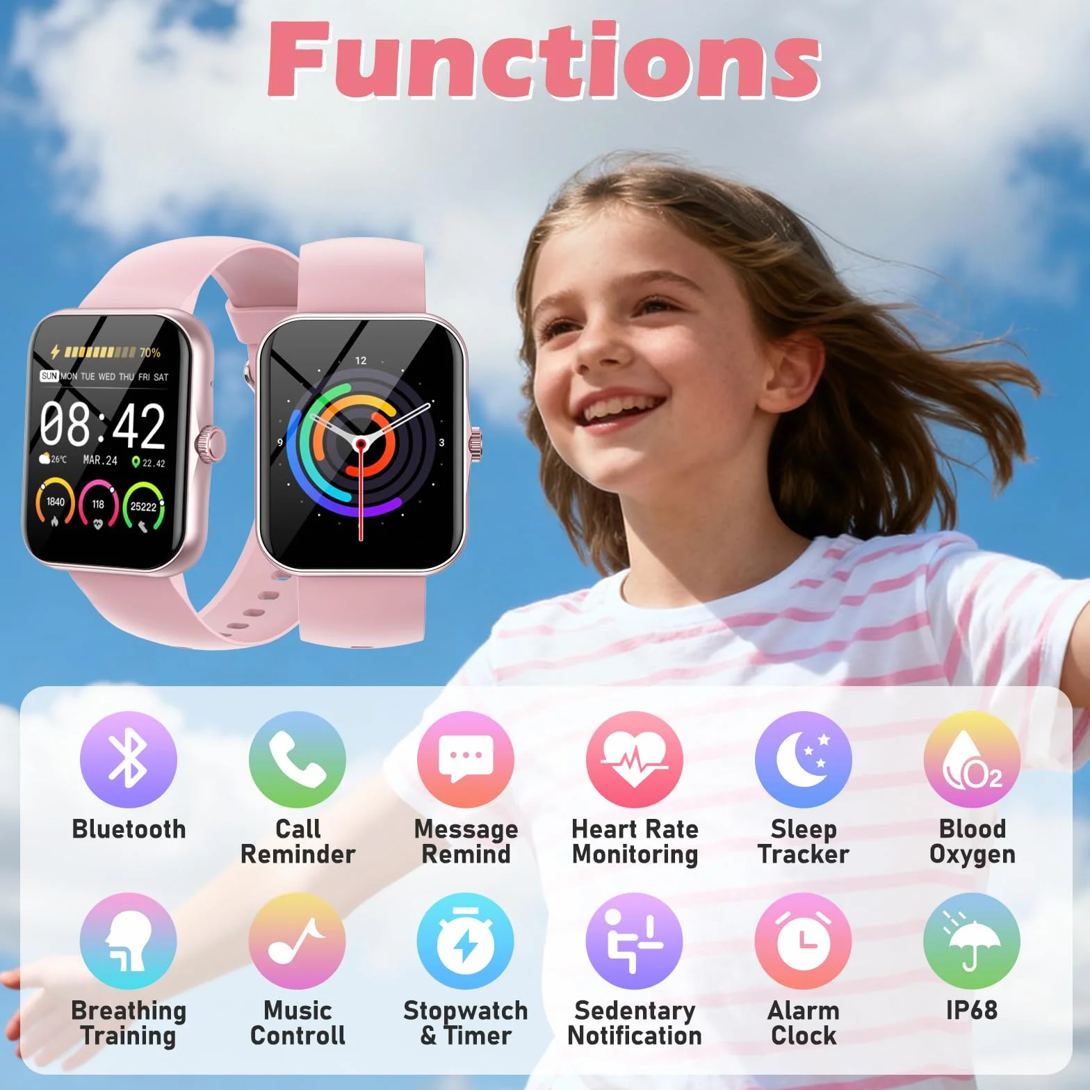 Fitness Tracker Montre Connectée Enfant, 1,83" HD Montre Intelligente pour Garçon Fille IP68 Étanche avec 120+ Mode de Sport Cardiofrequencemètre Podomètre Réveil Jeux pour Ados 4-16 Ans Cadeau, Rose