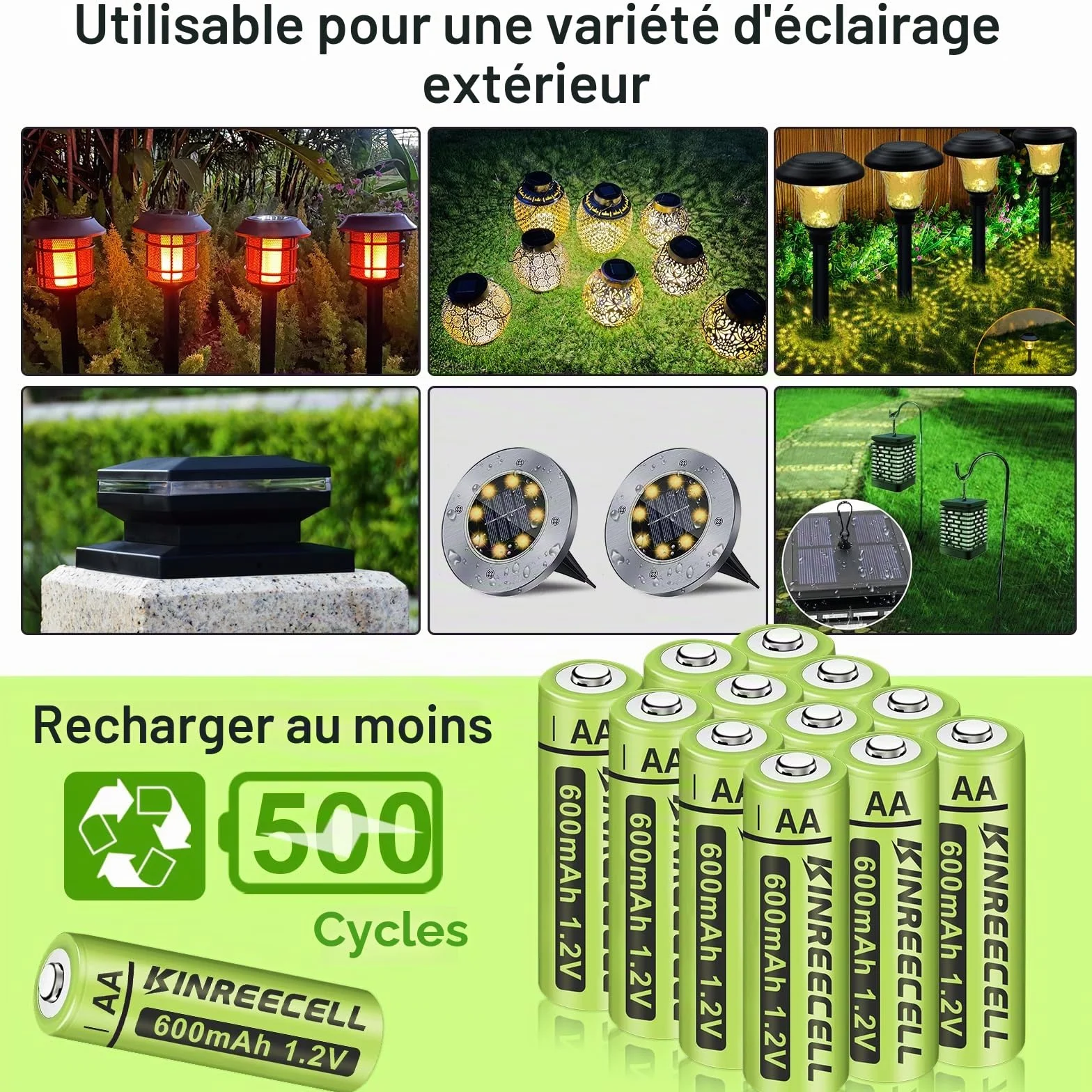 Batteries Rechargeables AA Ni-MH 1,2V pour Lampes Solaires, Guirlandes Lumineuses (Pack de 12)