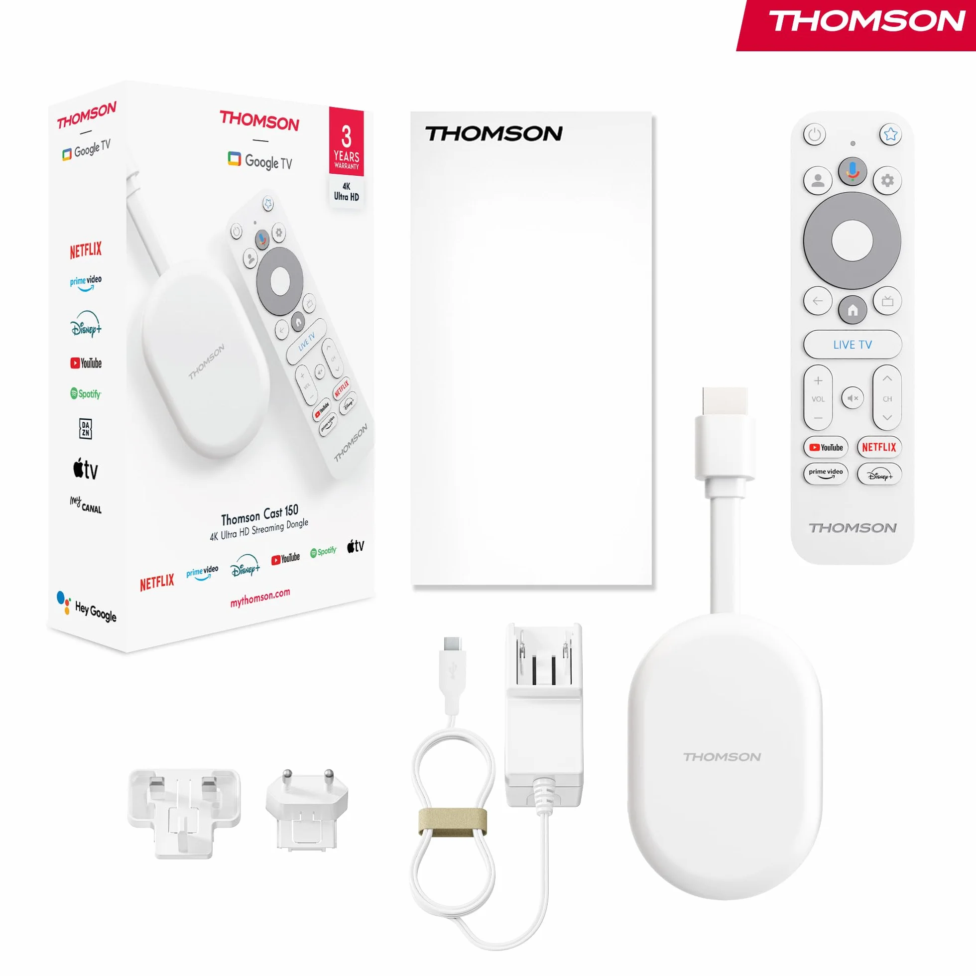 Thomson Go Cast 152 Dongle de Streaming, 4K UHD Google TV, Commande Vocale, Google Cast, Dolby Atmos, Dolby Digital+, HDR10, Portable, 2 Go RAM, 32 Go Stockage – Blanc