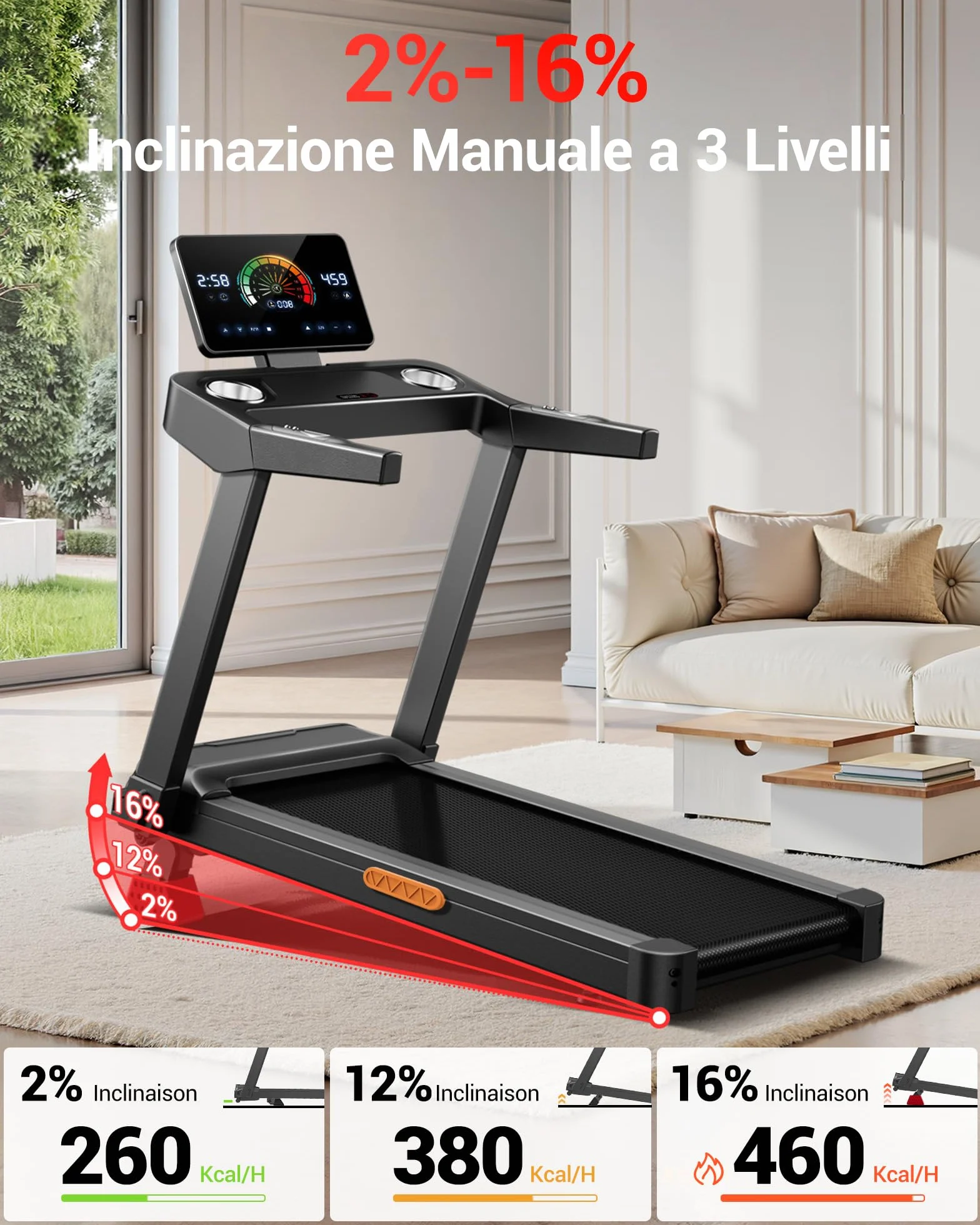 UMAY Tapis de Course Pliable Inclinable 16%, 14KM/H, 3,5CV, Charge Max 180KG