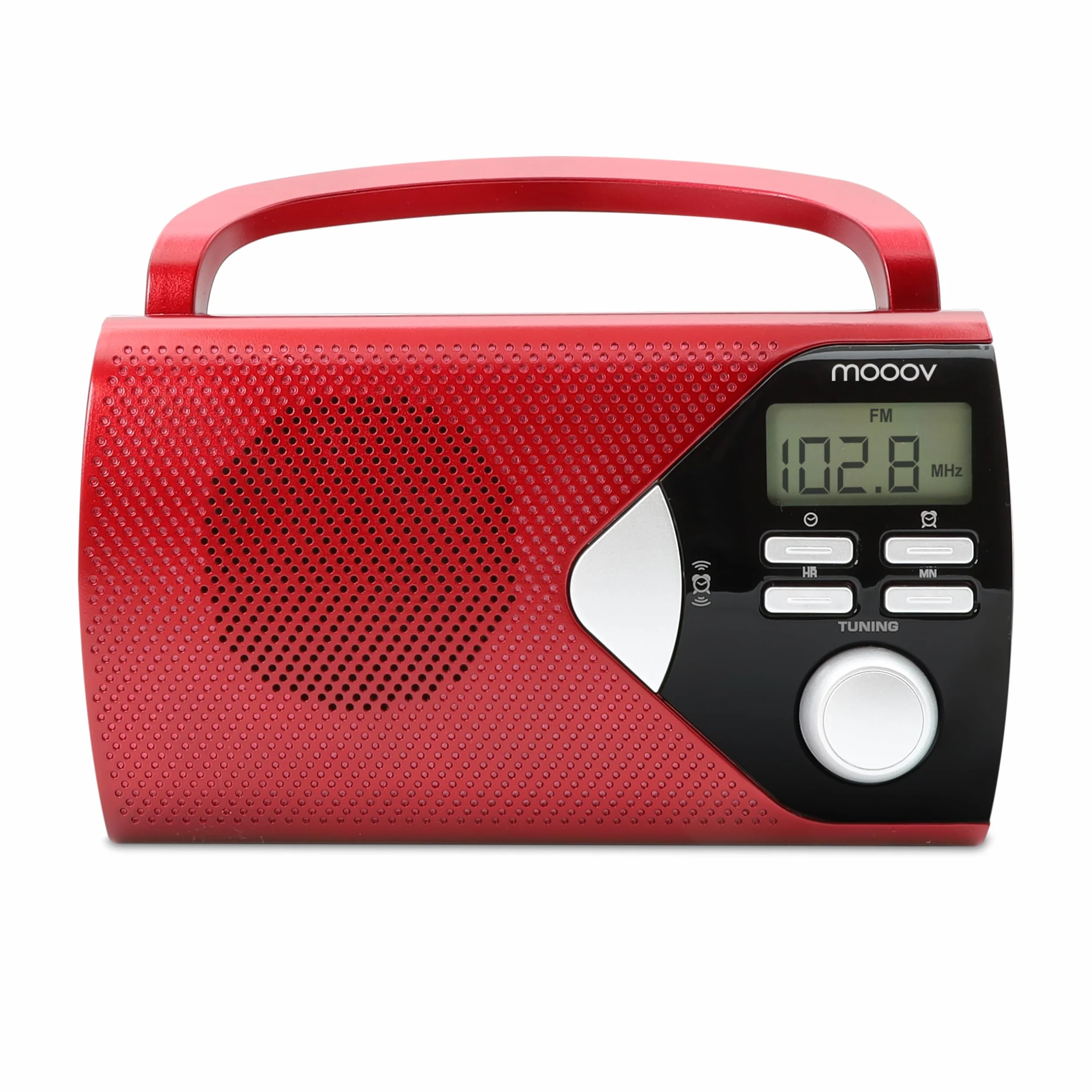 MOOOV 477201 Radio Portable à Pile FM/AM, Tuner Affichage Digital, Poste avec Poignée de Transport Rabattable, Facile d'Utilisation, Fonction Heure & Alarme, Secteur ou Piles - Rouge
