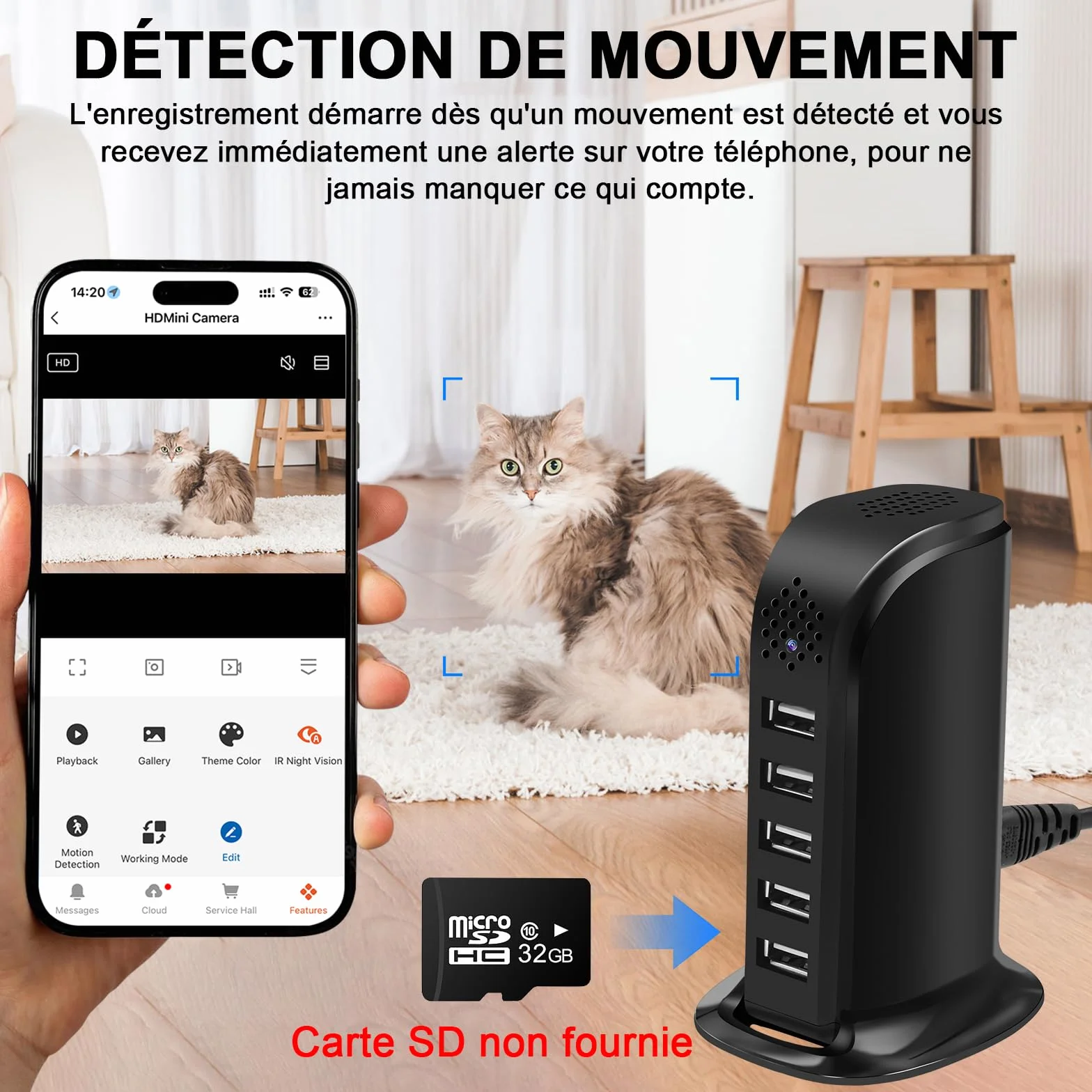Caméra Cachée Wi-FI 5G, Chargeur USB à 5 Ports avec Caméra Cachée, Mini-caméra Espion Wi-FI HD 1080P, MiniCaméra Cachée WiFi USB avec Détection de Mouvement et Enregistrement en Boucle