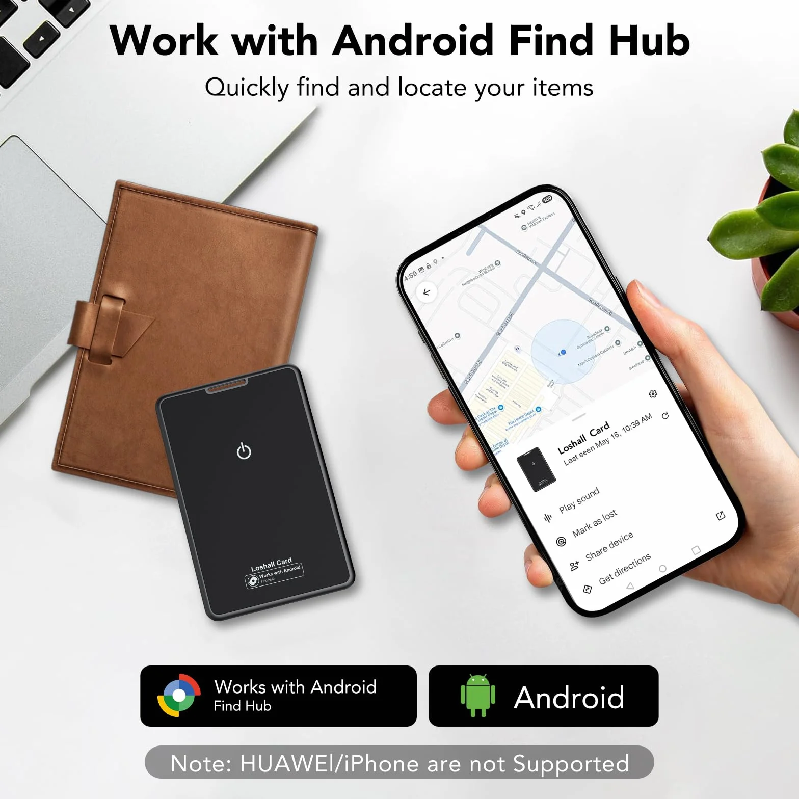 2026 Nouveau (Uniquement Android) Bluetooth Wallet Smart Tracker Card Lot de 2 Fin 1.6mm, 5 Ans Batterie, IP68 Imperméable, Fonctionne avec l'app Google Localiser,pour Portefeuille/Valise/Bagage, Noir