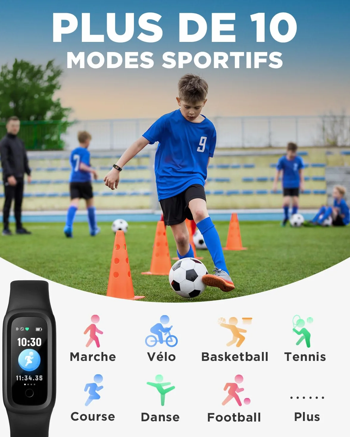 BIGGERFIVE Vigor 2 L Montre de Fitness Enfants 5-15 Ans IP68 Tracker d'Activité Podomètre Moniteur Cardiaque Noir