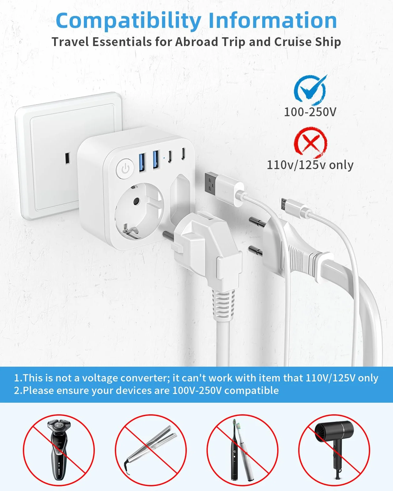 Connecteur de Voyage France Japon 4 Prises USB 2 USB-C Adaptateur Schuko Type A États-Unis Canada Blanc