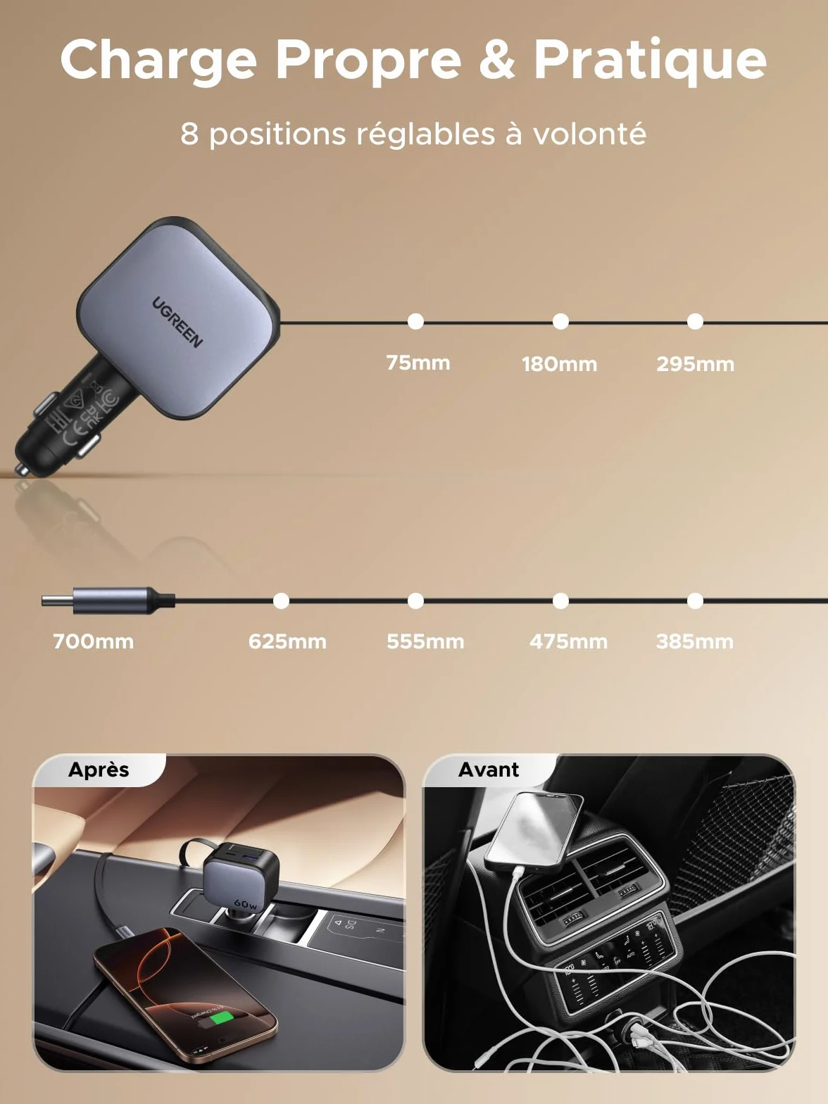 UGREEN Nexode 60W Chargeur Allume Cigare USB C Rétractable PPS PD QC 3.0 Chargeur Voiture Charge Rapide Compact Compatible avec iPhone 17 Pro Max Air 16 15 14 13 12 Galaxy S26 Ultra S25 iPad Pro Air