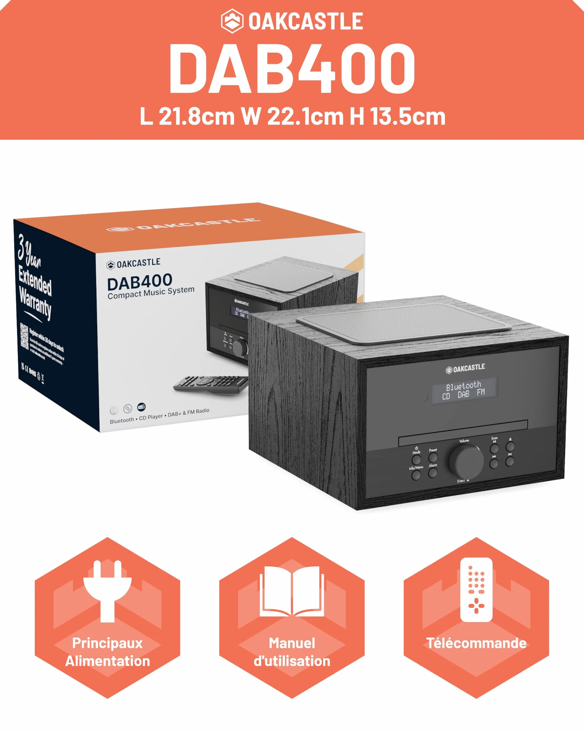 Mini Chaîne HiFi CD Radio Dab+ | Lecteur CD Bluetooth avec Haut-parleurs 40W | Radio Réveil avec Double Alarme, 99 Stations | USB, AUX, MP3 | Télécommande Incluse | Oakcastle DAB400