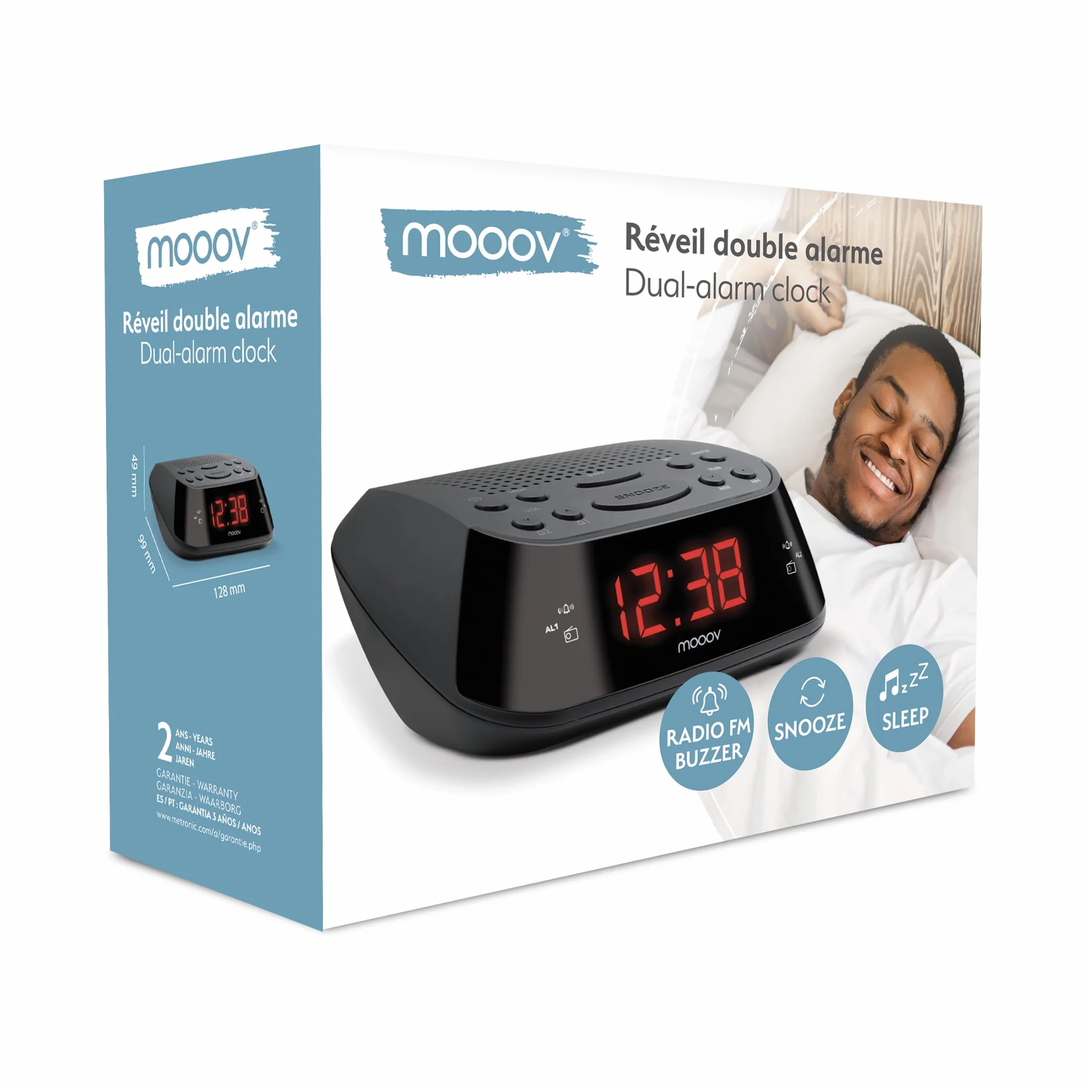 METRONIC 477003 Radio-Réveil FM Double Alarme (Programmable Radio FM ou Buzzer) avec Grand Ecran Affichage Rouge, Fonction Snooze, Alimentation Secteur + Sauvegarde Piles, Simple d'Utilisation - Noir
